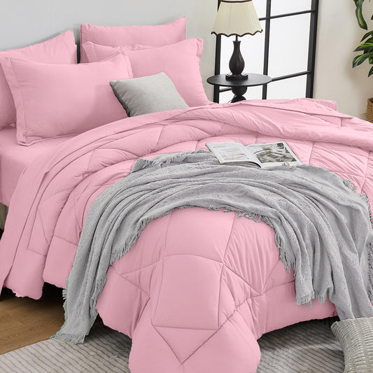 HEVUMYI Pink King Comforter Set - 7-Piece All Season Bed in a Bag King, Ultra Soft Bedding Set with Comforter, Flat Sheet, Fitted Sheet, Pillowcases, Pillow Shams, Pink
