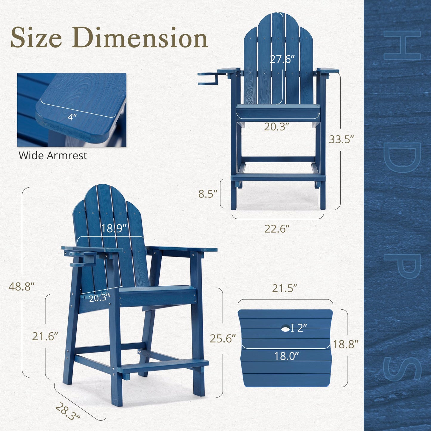LUE BONA Tall Adirondack Chairs Set of 2, Recycled Poly Adirondack Chair Bar stools with Cup Holder, 25.6", 300Lbs, Eco-Friendly, Weather Resistant Lifeguard Chair for Balcony,Deck