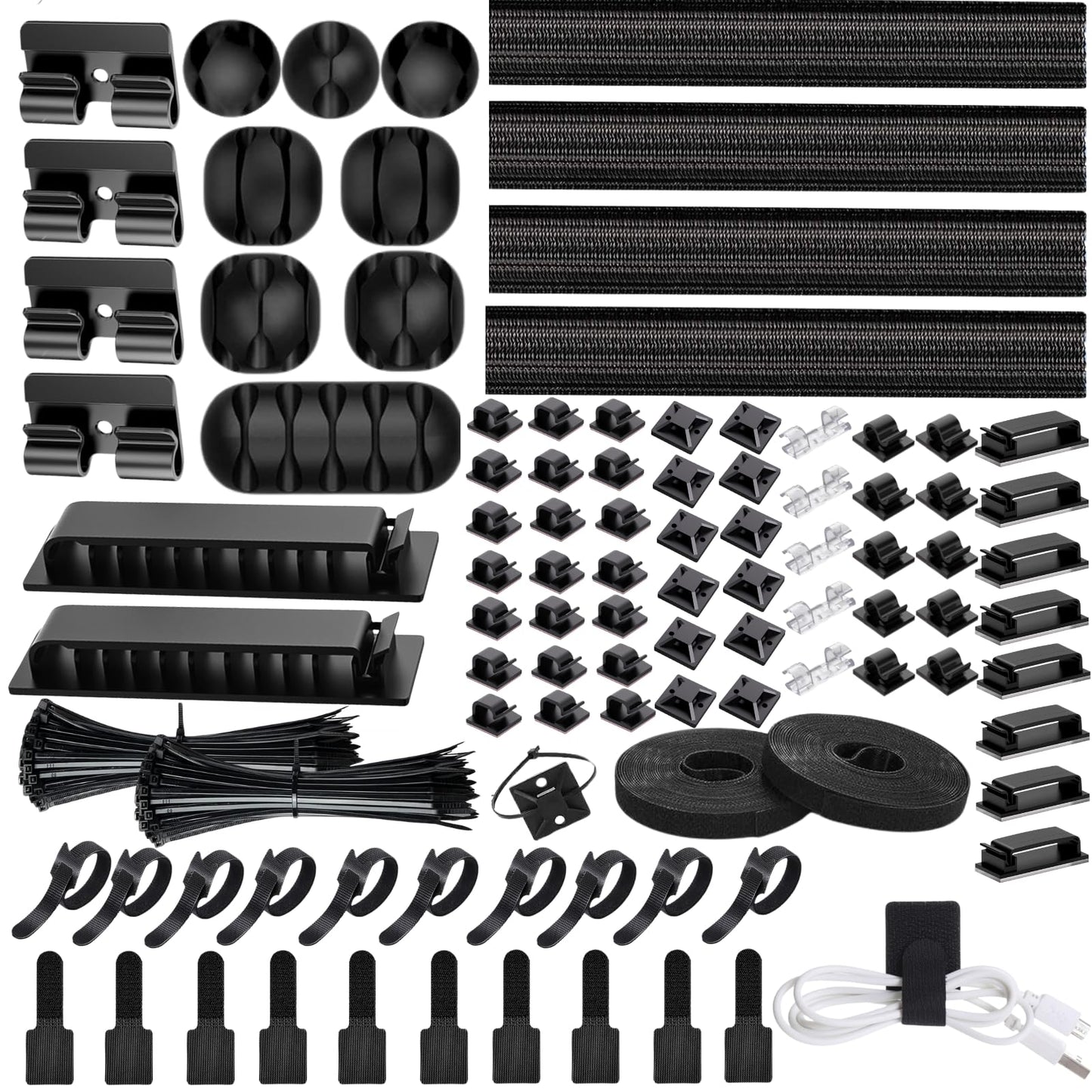 [313Pcs] Cable Management Kit, 67 Adhesive Cable Clips, Topavatop Desk Cord Organizer, 22 Reusable Cable Strap, 4 Cable Sleeve Split, 200 Nylon Cable Zip Ties with 20 Mounts for TV Office Home, White