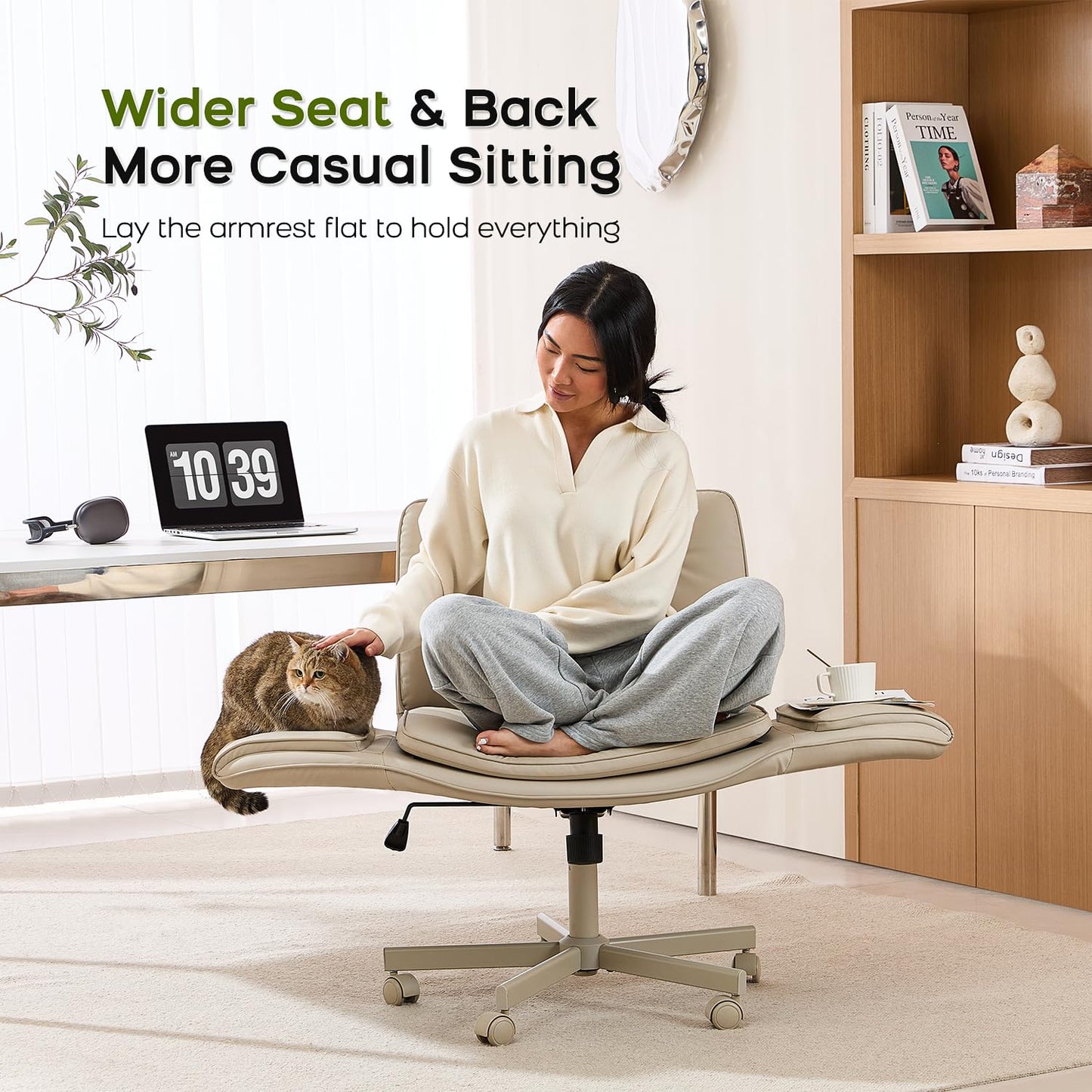 amseatec Criss Cross Chair with Armrests & Wheels, PU Leather Vanity Chair, Comfortable Adjustable Swivel Computer Office Desk Chairs for Home, Make Up, Bed Room (Cream White)