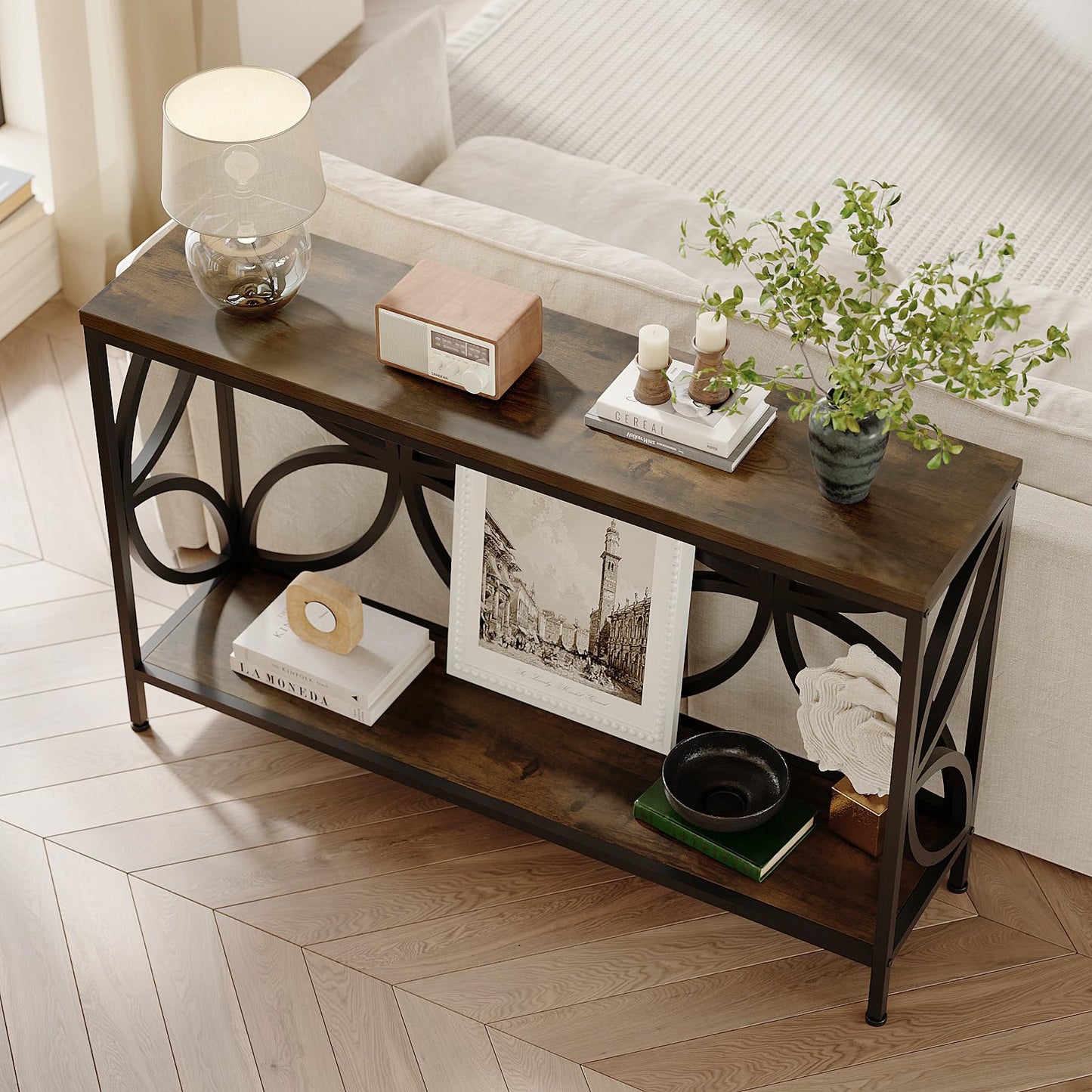 GiftGo Narrow Sofa Table 47.2 Inch, Industrial Sofa Table Behind Couch, Vintage Entry Console Table with Storage for Entryway, Living Room, Foyer, Elegant Design (Rustic Brown, 47.2)