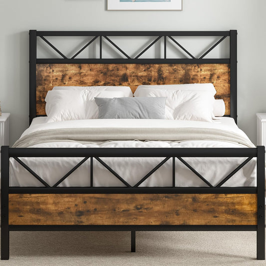 Queen Bed Frame with Headboard, Industrial 51.2" Tall Headboard, Queen Platform Bed Frame with Heavy Duty Metal Slats Support, No Box Spring Needed, Noise-Free, Easy Assembly, Rustic Brown