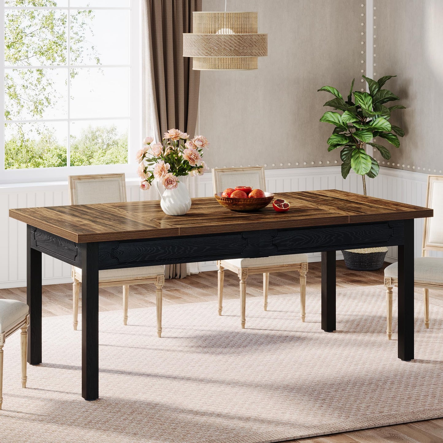 Tribesigns 63-inch Farmhouse Dining Table for 4-6, Rectangular Dining Room Table with Sturdy Legs, Modern Kitchen Dinner Furniture for Dining Room, Living Room, Kitchen, Rustic Brown & Black