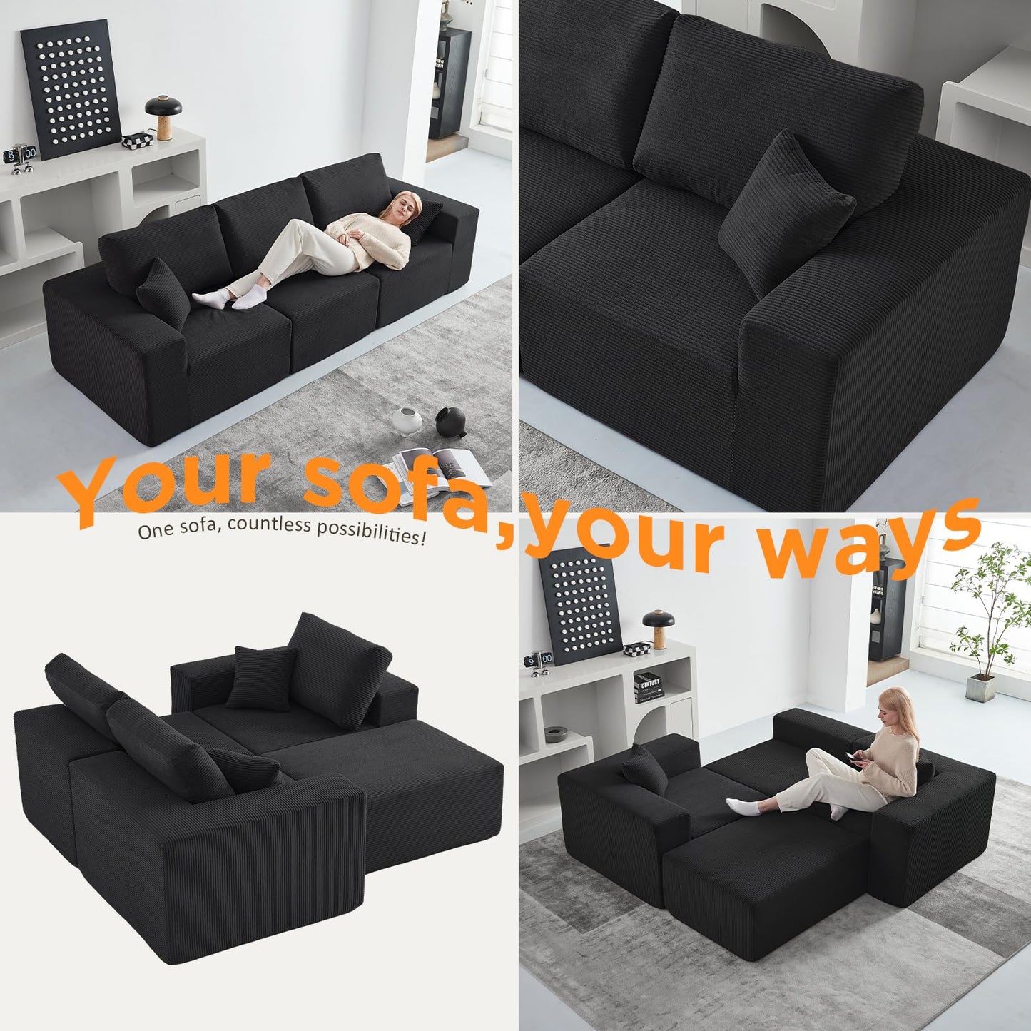 INGEROOM 108" Cloud Sectional Couch, Modular Sectional Sofa with L-Shaped Chaise, Modern Plush Corduroy Couch for Living Room Bedroom（Black）