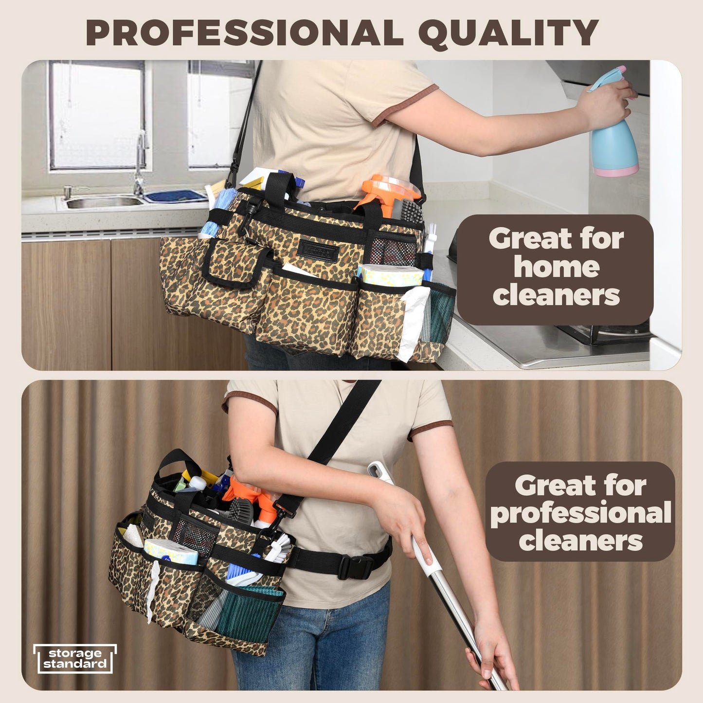 Storage Standard Cleaning Caddy Organizer with Handle - Small Cleaning Caddy Supplies Bag with Shoulder & Waist Strap - Cleaning Supplies Organizer with Cleaning Cloth - Leopard