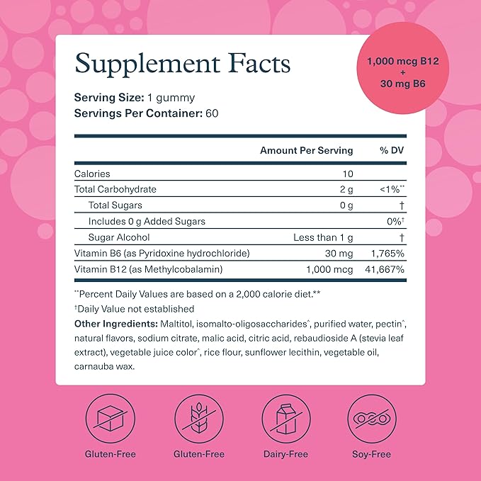 Youtheory B12B6 - Vegan Vitamin B6 & Vitamin B12 - Offers Brain Health, Energy & Immunity Support* - Dairy, Soy & Gluten Free - 60 Gummies