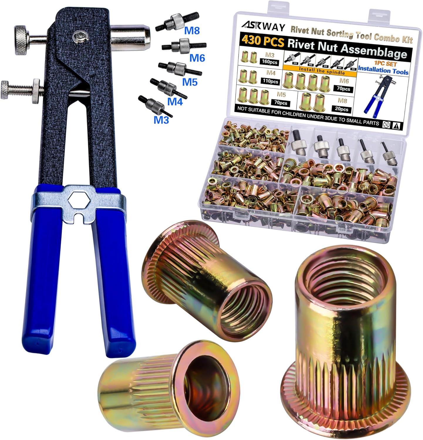 Pressure Rivet Nut Tool Kit, 430Pcs Metric Rivet Nut Combination (M8/M6/M5/M4/M3), Suitable for Furniture, Decoration, Automotive, Marine and Industrial Applications