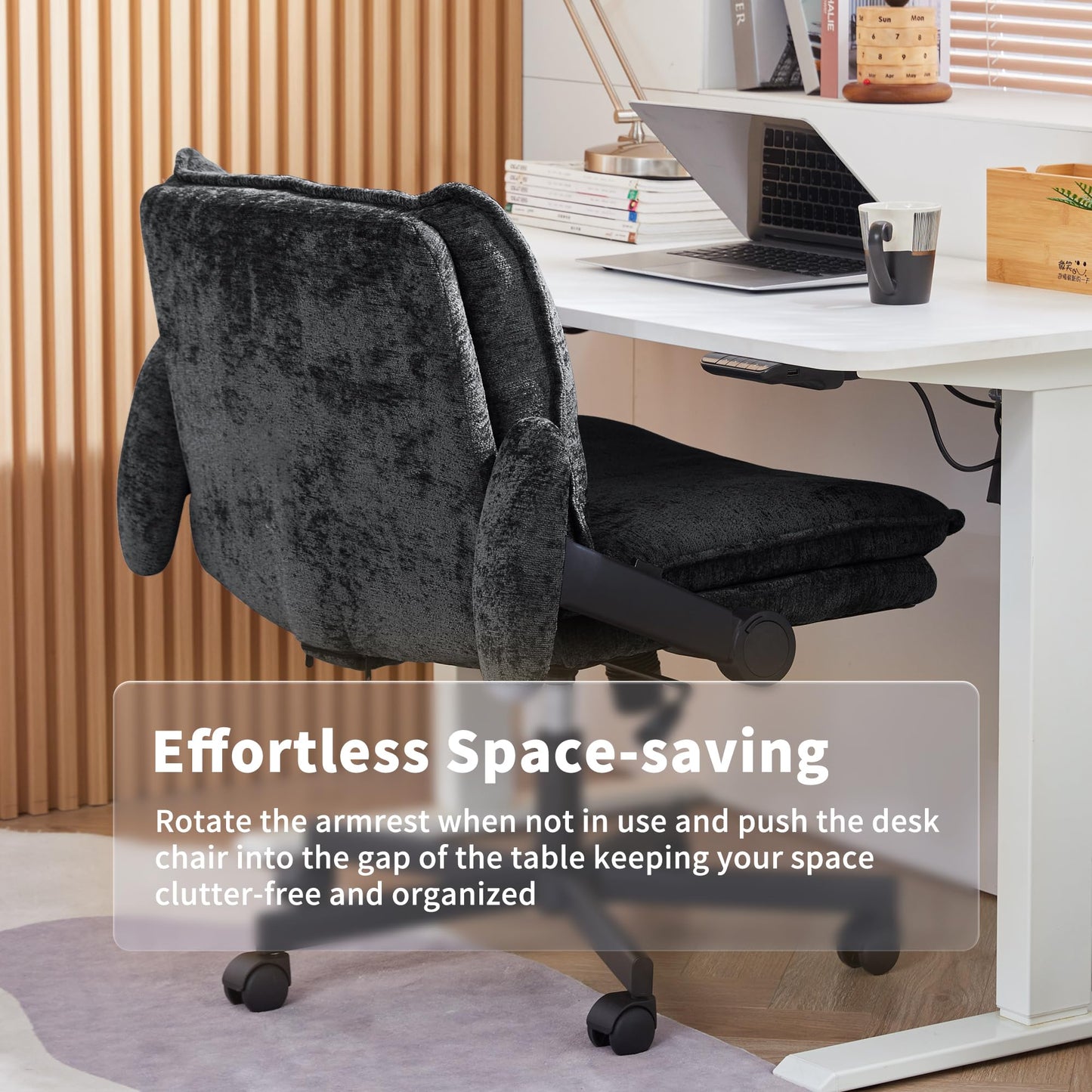 FanciSpot Cross Legged Office Chair with Wheels and Adjustable Flip-Arms, Criss Cross Desk Chair with Thick Cushion, Wide Seat Office Chair for Home Office, Apartment, Bedroom, Black