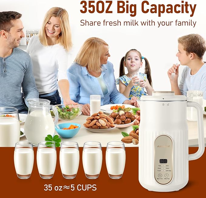 Nut Milk Maker, AlfaBot N2 Automatic Almond Milk Machine for Homemade Plant-Based Milk, Oat, Soy, Yogurt, 5 Modes/35OZ Big Capacity Soy Milk Maker with Delay Setting and Self Cleaning (Cream)