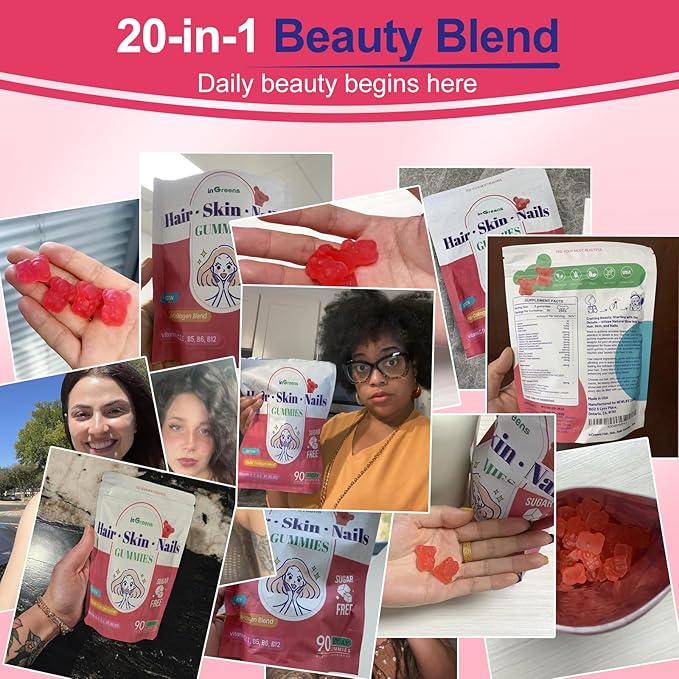20-in-1 Hair and Nails Gummies - Hair, Skin and Nails Vitamins for Women - 10000 mcg Biotin, Vitamins A, C, D, E - Supports Hair Growth & Radiant Skin - White Peach Flavor - 90 Gummies