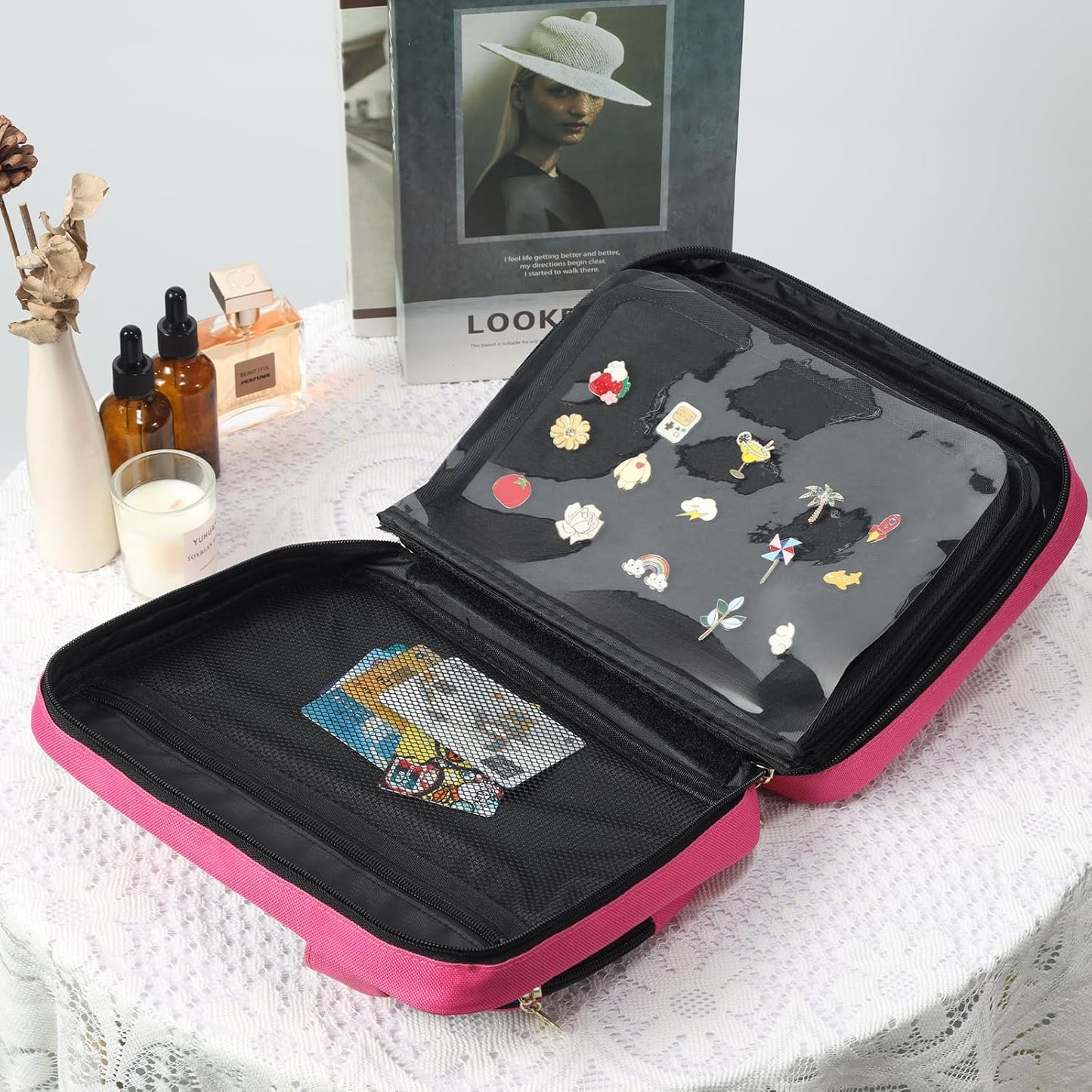 Enamel pin display bag, 8-page pin trading book, collectible pin board, suitable for storing pins, brooches, patches (pink)