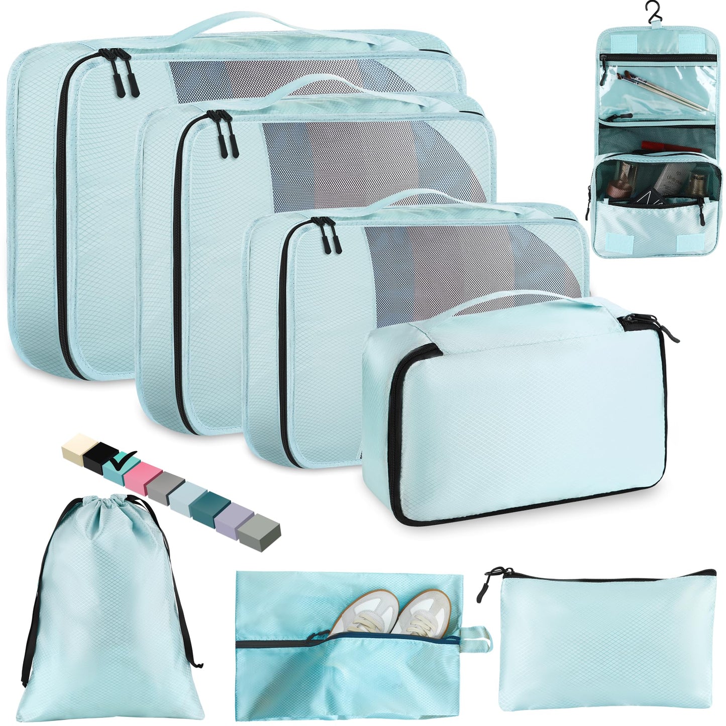 Toncoke 8 Set Packing Cubes for Travel Women Men Kids, Mesh Suitcase Organizer Bags Set for Luggage, 4 Sizes Extra Large, Large, Medium, Small, Travel Camping Essentials Accessories, Lake Blue