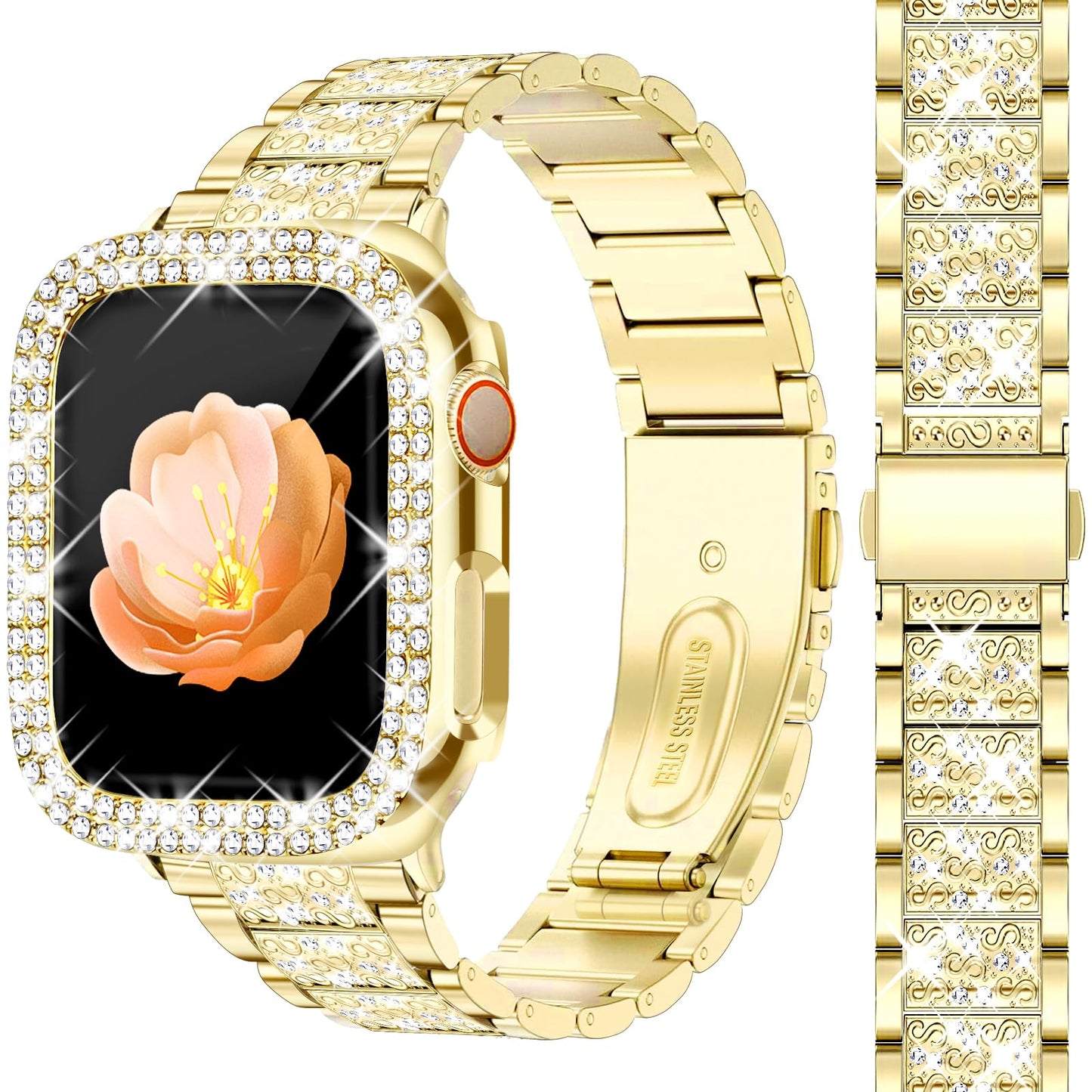 Newlibery Bling Watch Bands with Bling Case for Women Compatible with Apple Watch Band 41mm Elegant Dressy Jewelry Replacement Metal Link Wristband Protector Cover for iWatch Series 9/8/7 Gold