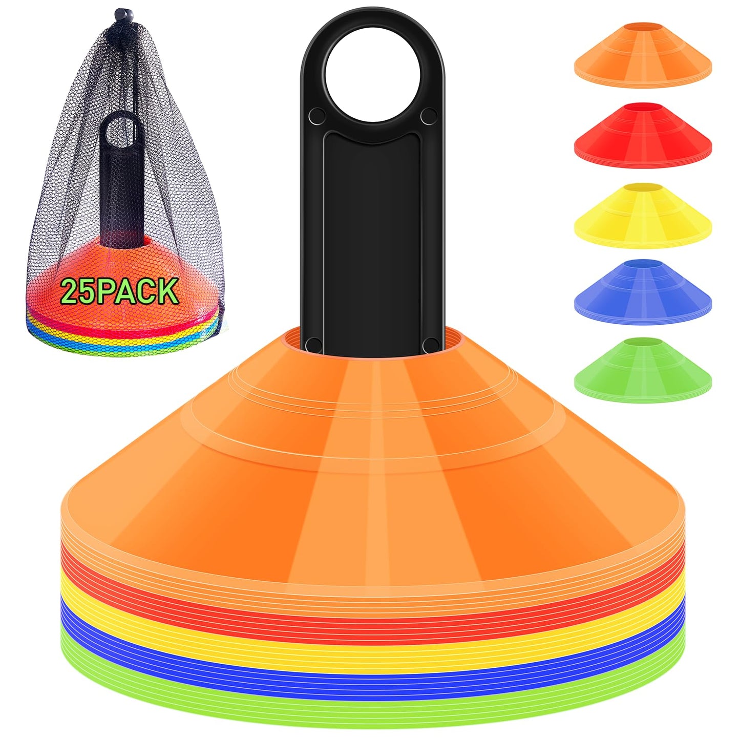 CasaCulina 25 Pack Soccer Training Cones, Agility Disc Sports Cones with Carry Bag and Holder, Plastic Football Cones for Drills, Sports Training, Basketball, Coaching, Practice Equipment, 5 Color
