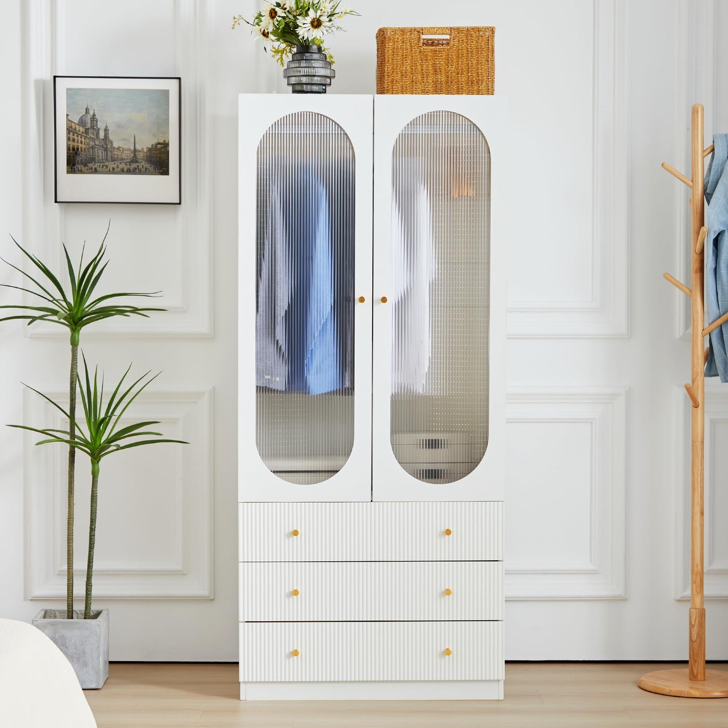 YUCHIATH 70" H Armoire Wardrobe Closet with 2 Glass Doors, Modern Wardrobe Closet with 3 Fluted Drawers and Hanging Rail, Armoire Clothing Organizer for Bedroom (White-2) (White-2)