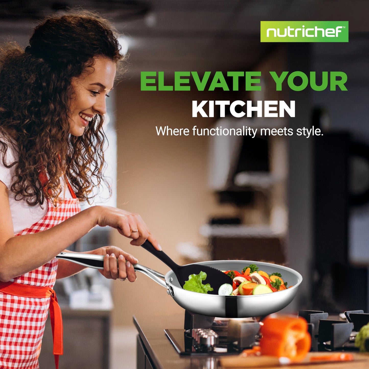 NutriChef 12-Piece Stainless Steel Kitchenware - Pots & Pans Set Clad Kitchen Cookware w/Steel Handles,Fry Pan Interior Coated w/Prestige Ceramic Non-Stick Coating,Stylish Kitchen Cookware, NCSSX45