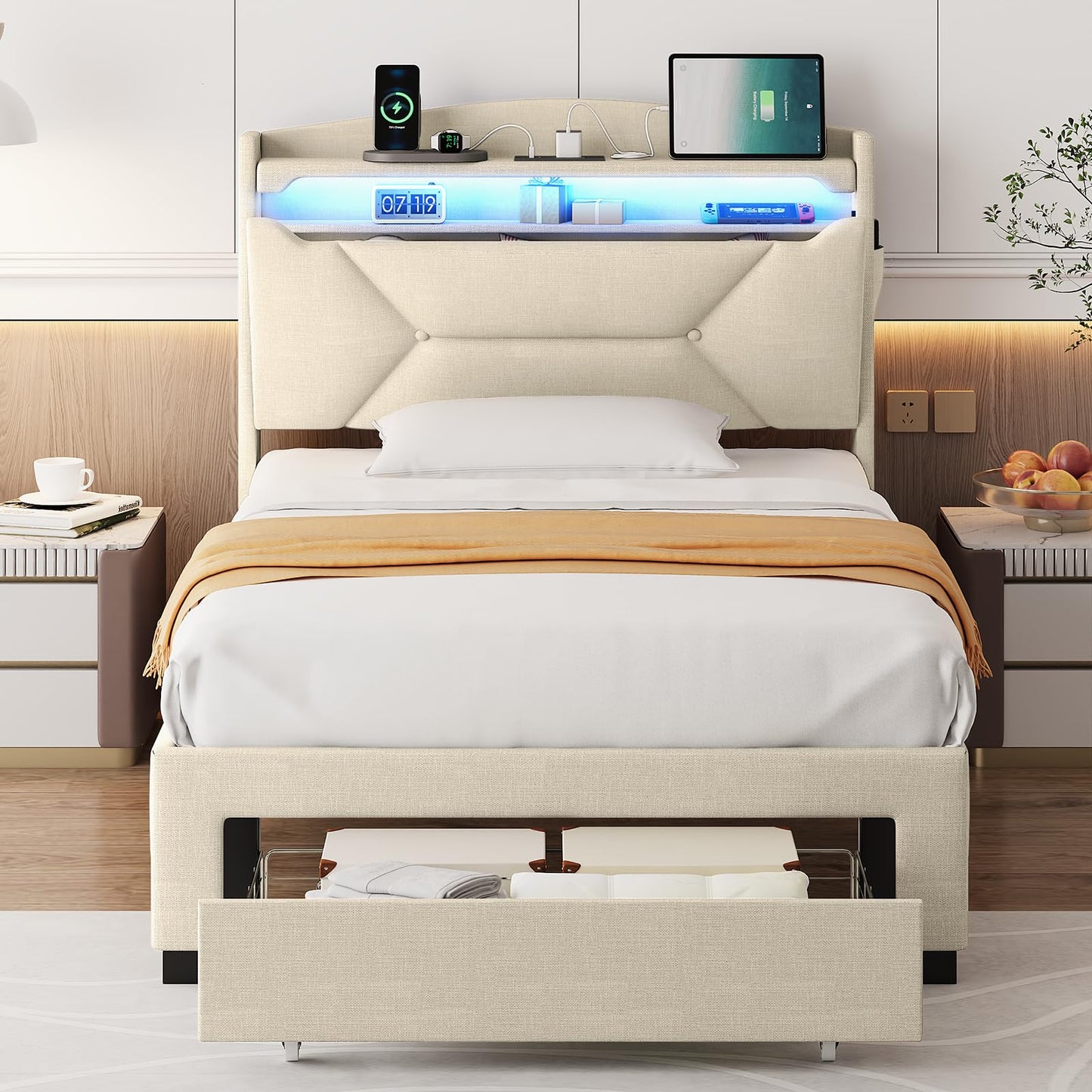 VINTLJUS Twin Bed Frame, Twin Bed Frames with Storage Headboard, Upholstered Twin Size Bed Frame with Drawers, Charging Station and LED Lights, Easy Assembly, Beige