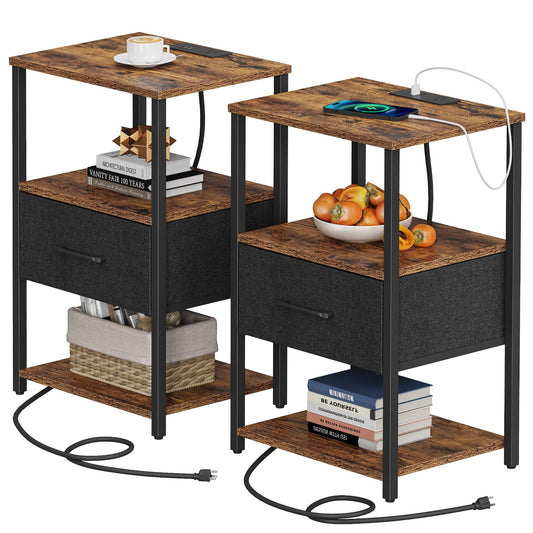 TUTOTAK End Table, Side Table with Charging Station, Nightstand Set of 2, Bedside Table with Fabric Drawer, Couch Table for Livingroom and Bedroom, Brown TB01BB0692
