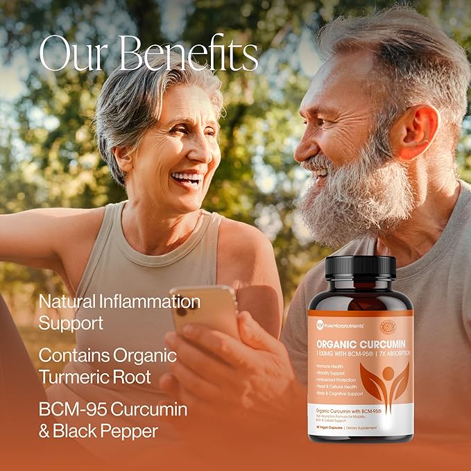 Organic Turmeric Curcumin with Black Pepper & BCM-95 - for Inflammatory Support, Brain & Immune Health - 60 Vegan Turmeric Capsules, 1000mg Per Serve - Herbal Curcumin Supplements