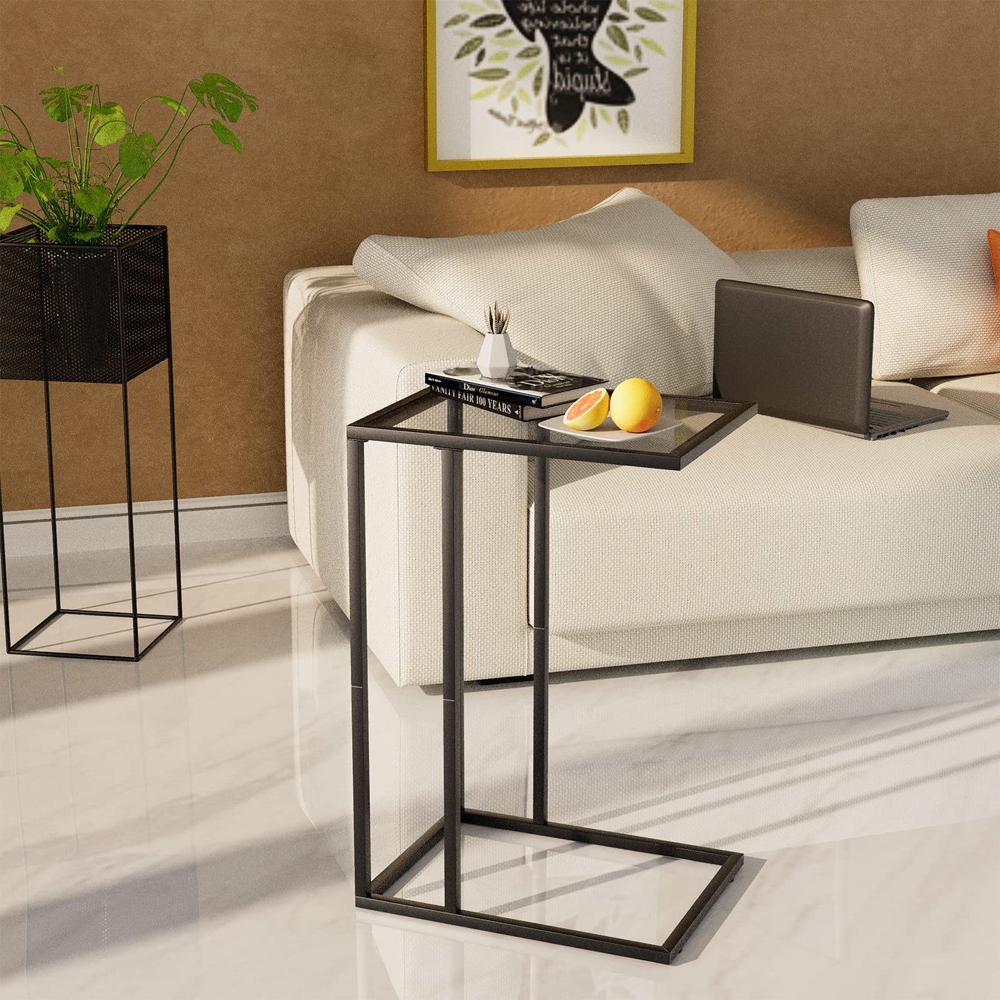 C Table Glass End Table, Couch Side Table, Tempered Glass Snack Side Table with Metal Frame, TV Tray Table for Small Space, Sofa Couch Side Tableand Bed Side Table(Black)
