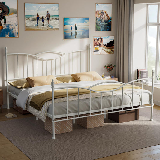 Florise King Size Bed Frame with Headboard,Metal Platform Bed Frame Mattress Foundation with Footboard, Under Bed Storage, Strong Metal Slats Support, No Box Spring Needed, White