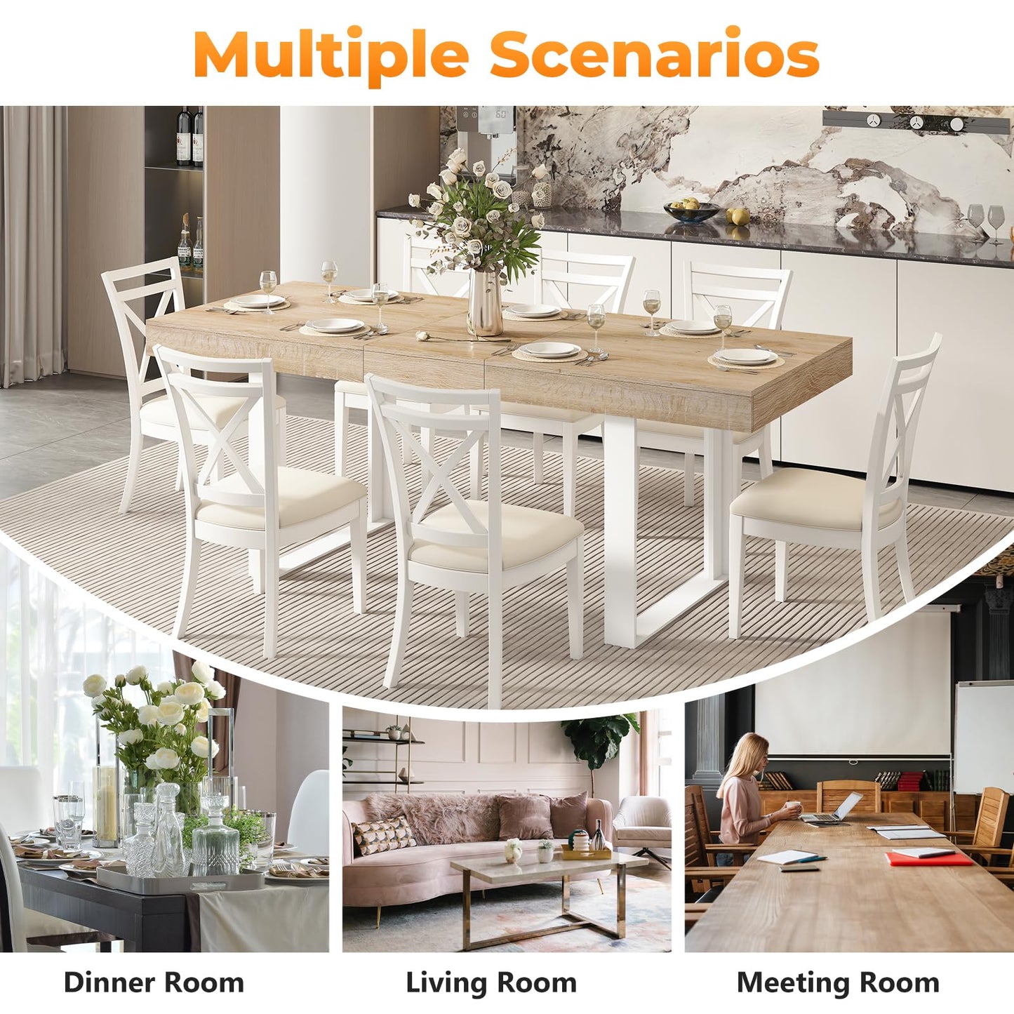 Zevemomo 63"-78.7" Expandable Dining Table, 6-10 Farmhouse Kitchen Table, Extendable Dining Table, Rectangular Kitchen Table with Metal Track, Tapered U-Shaped Legs for Dining Room, Office-Oak