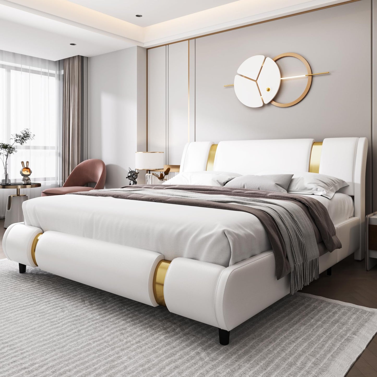TTVIEW Modern Faux Leather Upholstered Platform Bed Frame with Golden Iron Metal Decor, Adjustable Curved Headboard, Wooden Slats Support, No Box Spring Needed, Queen Size, White