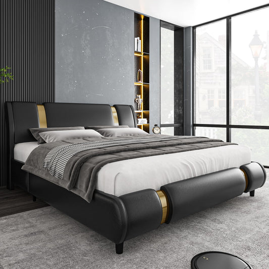 TTVIEW Modern Faux Leather Upholstered Platform Bed Frame with Golden Iron Metal Decor, Adjustable Curved Headboard, Wooden Slats Support, No Box Spring Needed, Queen Size, Black