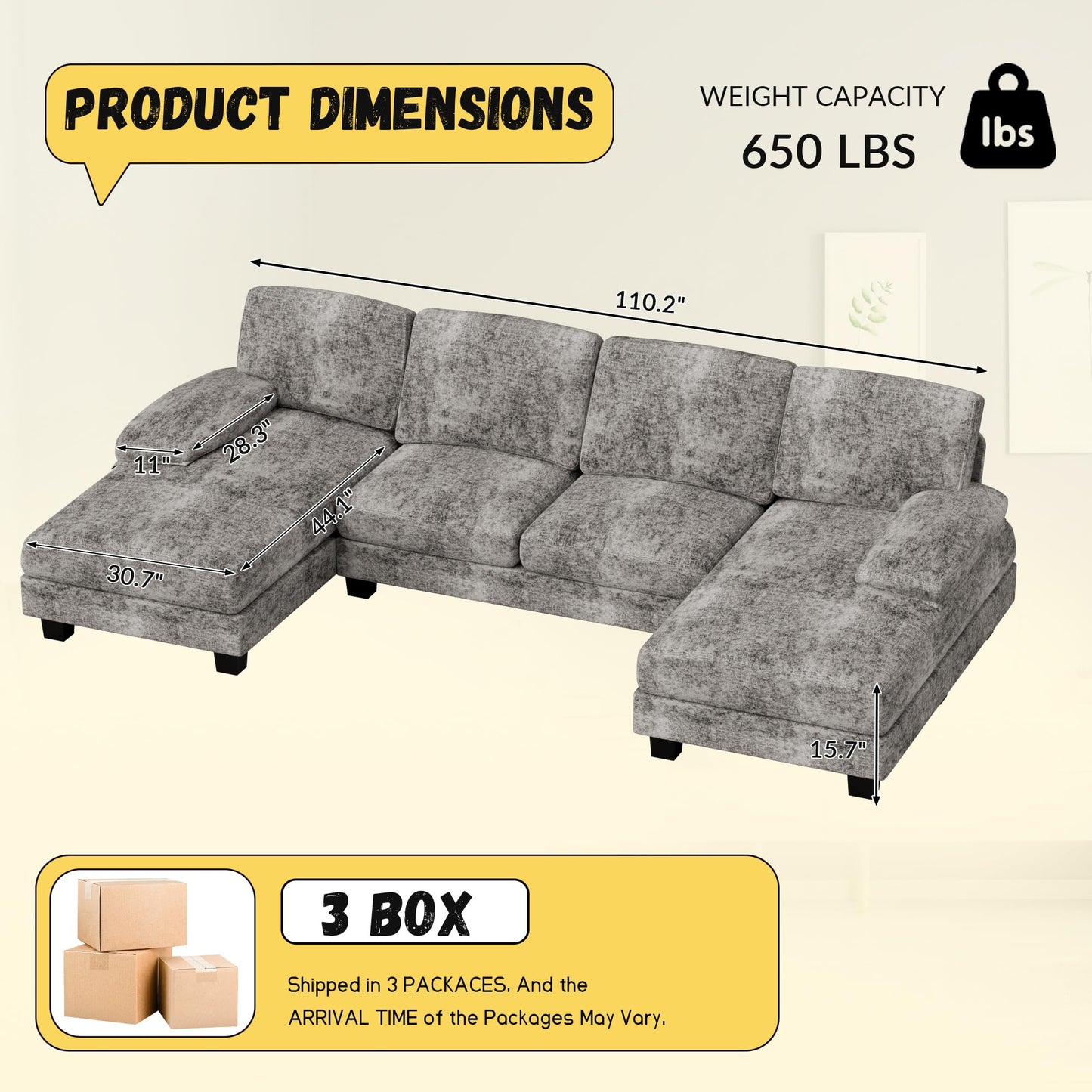 JUMMICO Sectional Couches for Living Room, U Shaped Couch with Chenille Fabric, 4 Seat Modern Sofa with Removable Pillows for Apartment and Small Space (Fabric, Grey)