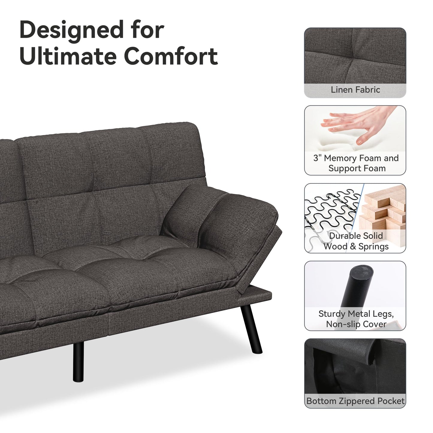 Vipbear 71" Convertible Futon Sofa Bed,Linen Fabric Futon Couch with Detachable Cushion,Adjustable Backrest & Armrest,Modern Loveseat Sleeper Recliner for Living Room,Office,Apartment,Dark Grey