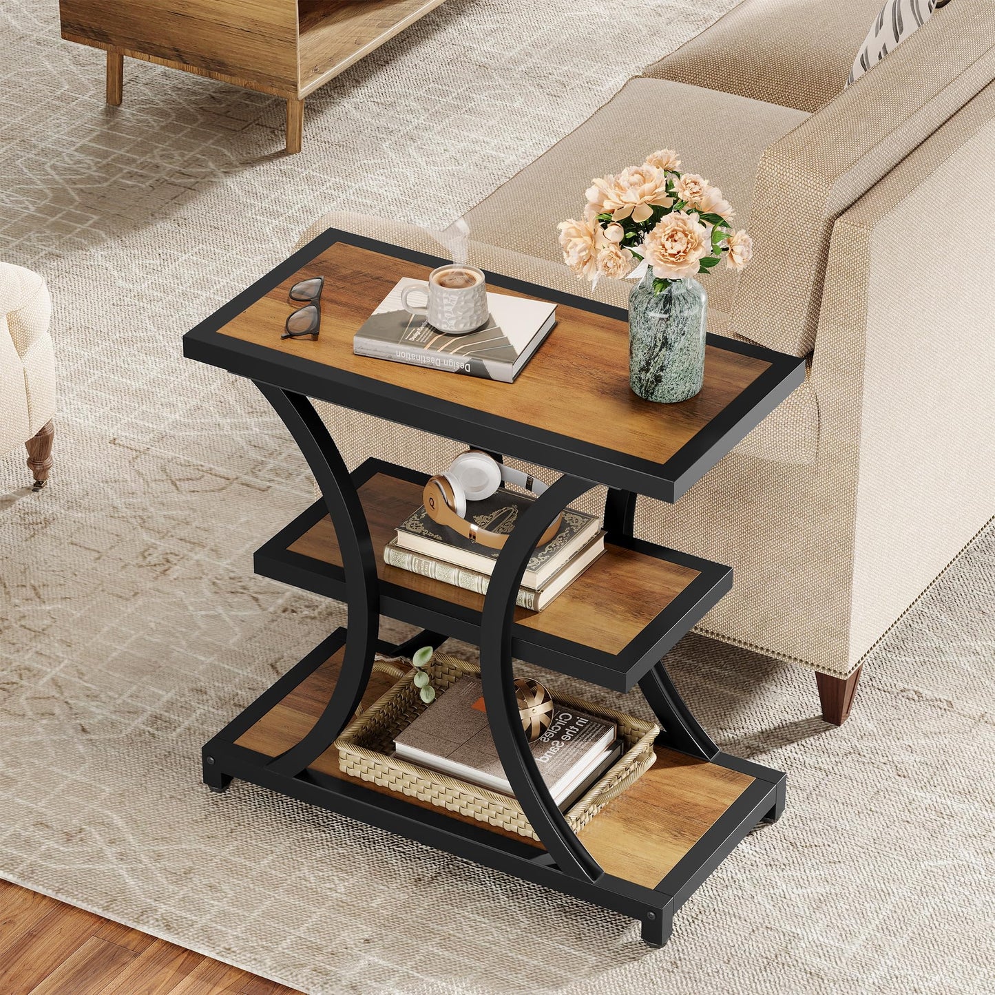 Tribesigns End Table with Storage, 3-Tier Side Table with Geometric Metal Design, Industrial Nightstand for Small Spaces, Living Room, Bedroom, Study Room (Rustic Brown)