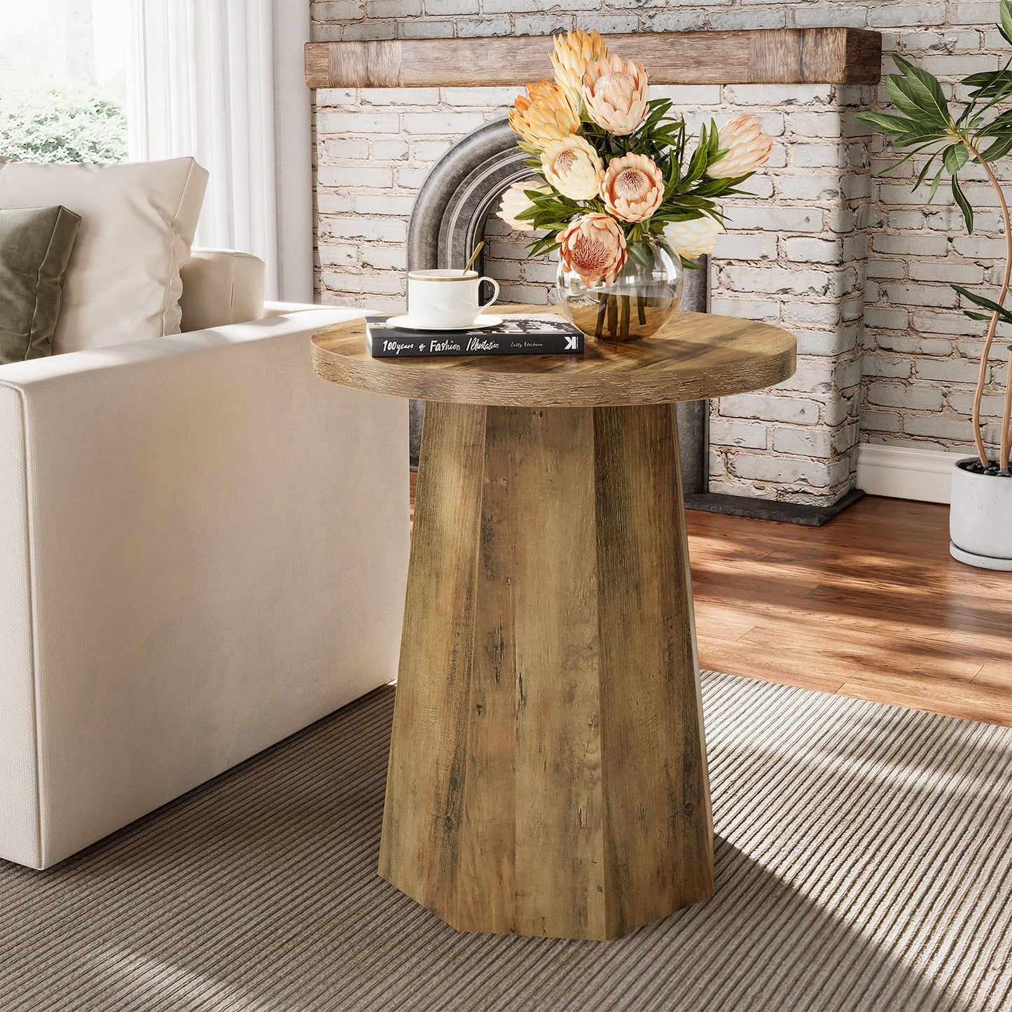 Tribesigns Farmhouse Round End Table, Wooden Couch Side Table with Octagonal Base, Rustic Brown Nightstand Pedestal Accent Furniture for Living Room, Bedroom (1)