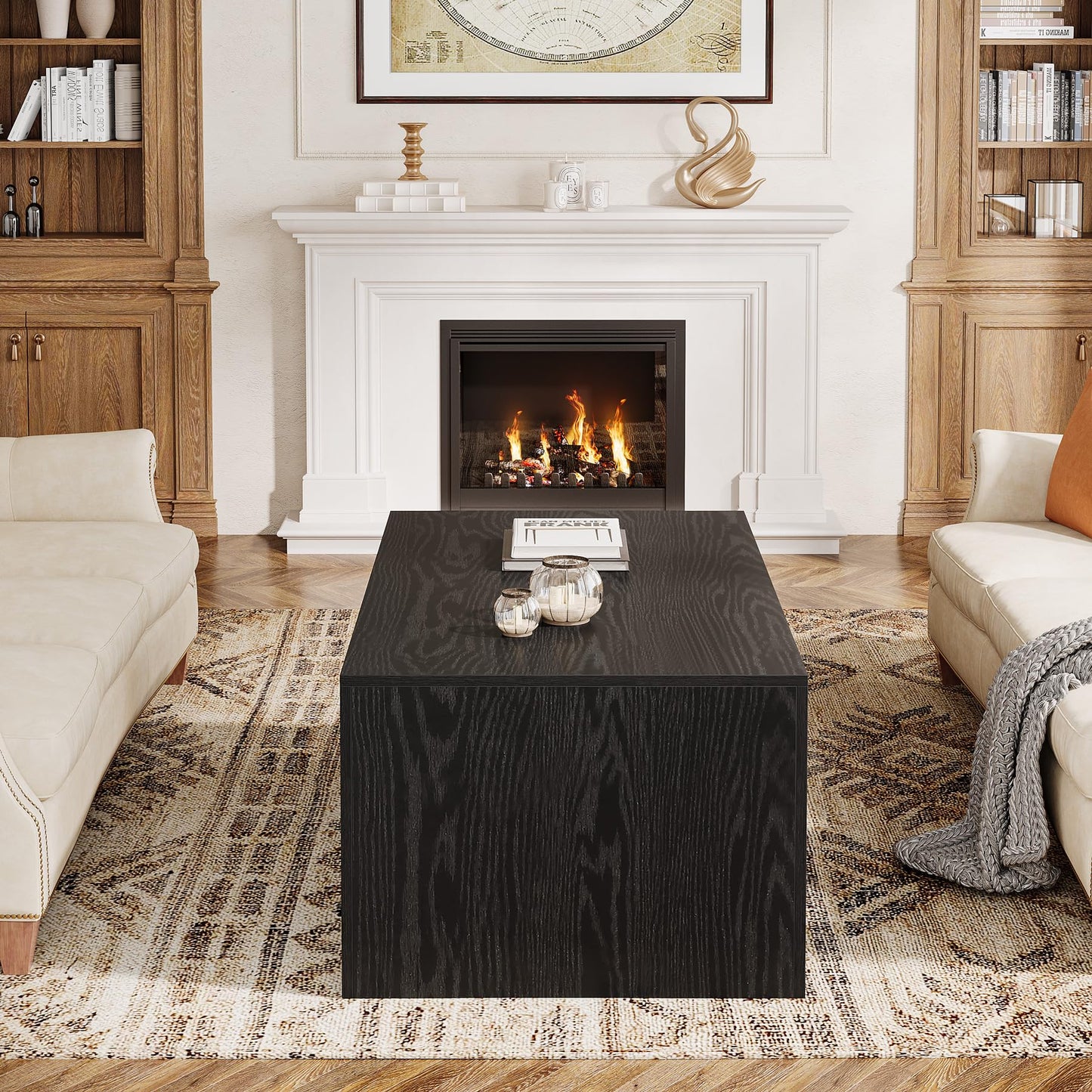 Tribesigns Farmhouse Coffee Table for Living Room, Mid-Century Modern Coffee Table with Sturdy Base, Large Rectangle Accent Center for Apartment, Easy Assembly (Black & Walnut)