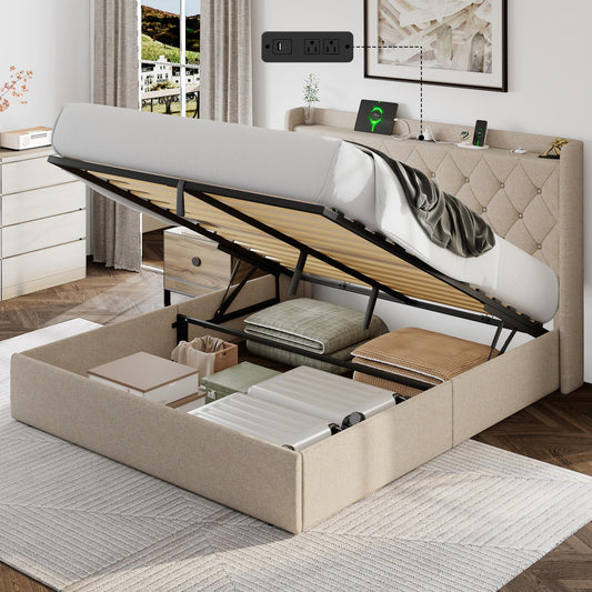 Einhomn Full Lift Up Storage Bed Frame with Charging Station, Upholstered Bed Frame with Storage, No Box Spring Needed, Noise-Free, Hydraulic Storage, Easy Assembly, Beige