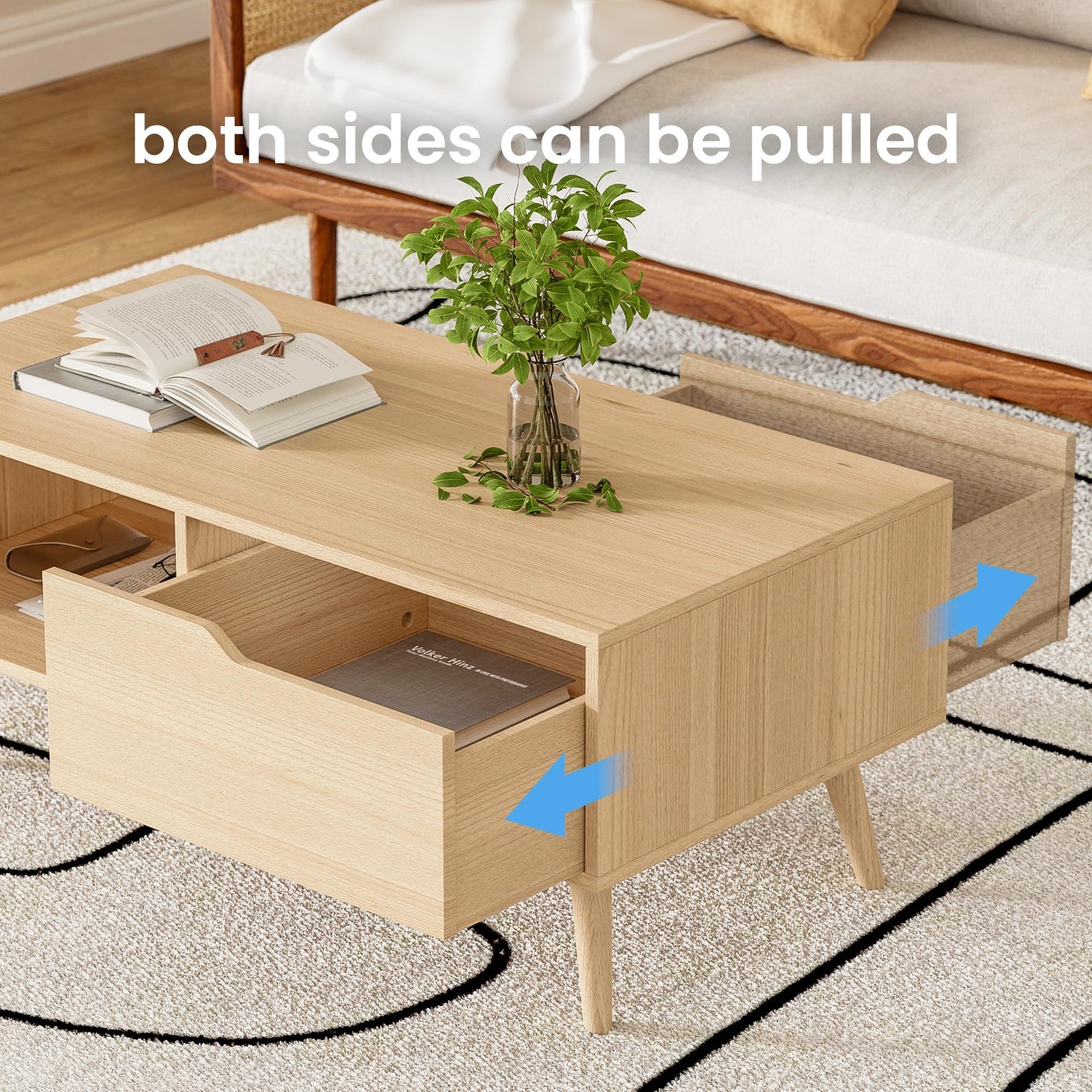 DIYART Oak Coffee Table, Mid Century Modern Coffee Table with Drawer & Shelf, 39'' Wooden Simple Console Table for Living Room