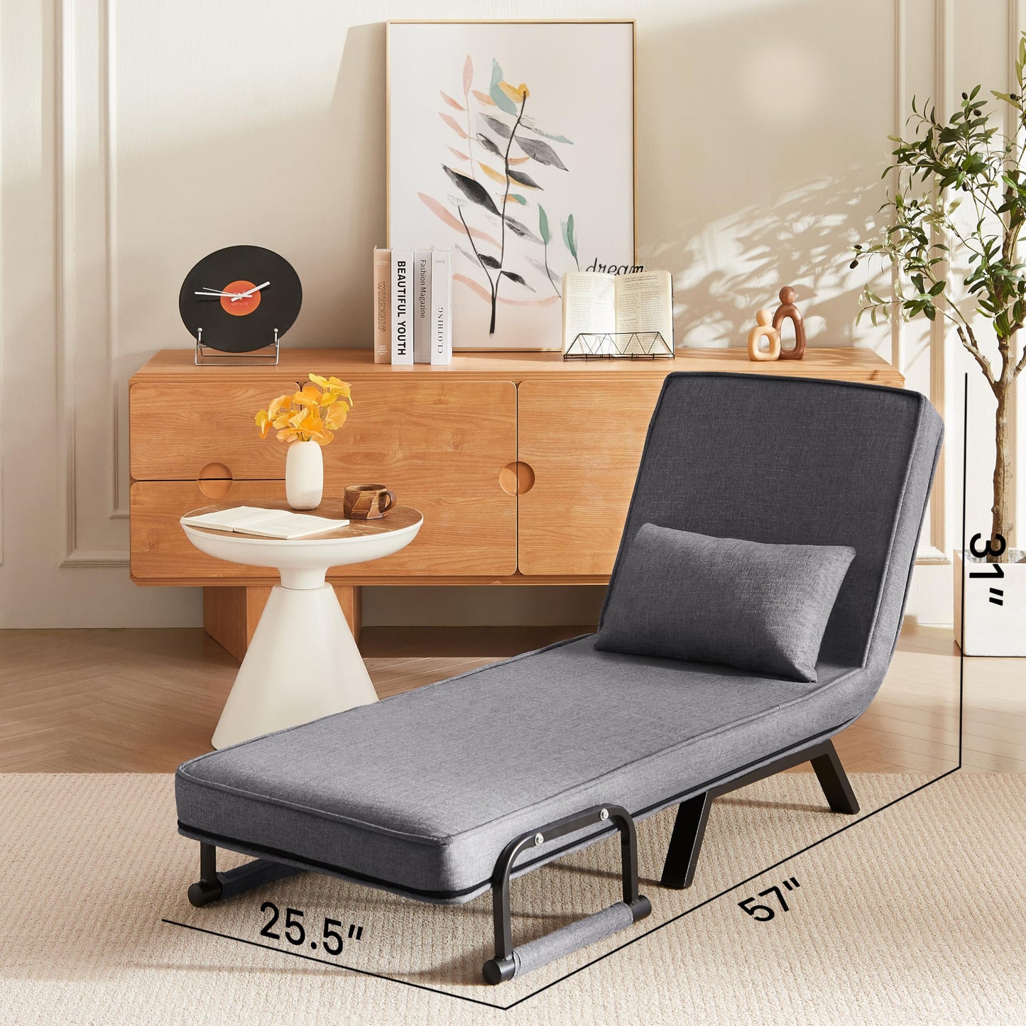 QQU 5-in-1 Convertible Sleeper Chair, Adjustable Folding Sofa Pull Out Bed, Chaise Lounge & Single Bed, Lounge Chair Indoor for Small Spaces, Living Room, Office, Apartment, Guest Room, Grey