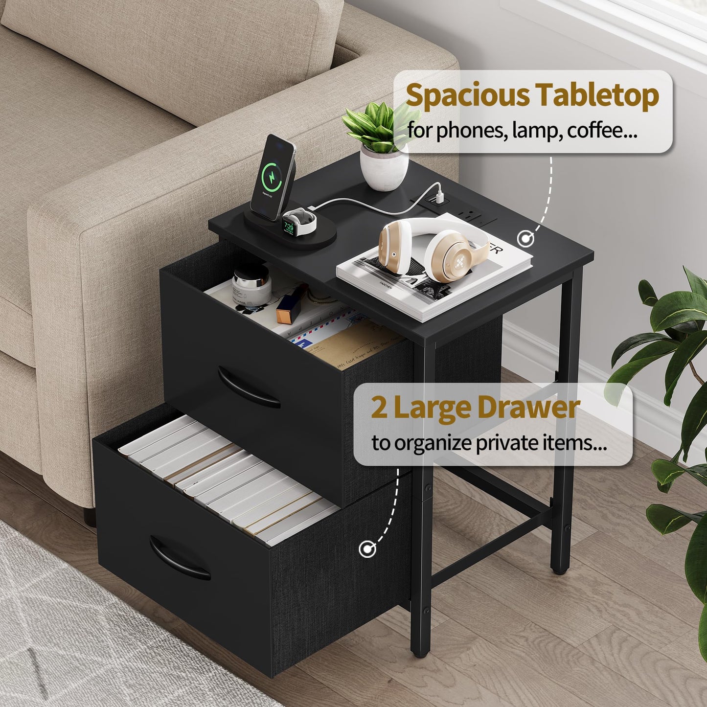Vagusicc Nightstand Set of 2 with Charging Station, End Table Bedside Table with Power Outlet & USB Ports, Side Table with 2 Fabric Drawers for Bedroom, Living Room, Black