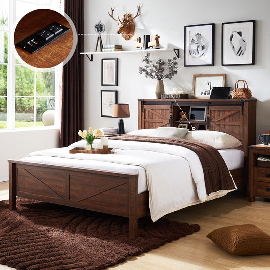 T4TREAM Farmhouse Full Size Bed Frame w/Storage Bookcase Headboard, Sliding Barn Door, Charging Station, Rustic Wood Platform Bed w/Wood Slats Support, No Box Spring Needed, Reclaimed Barnwood Color