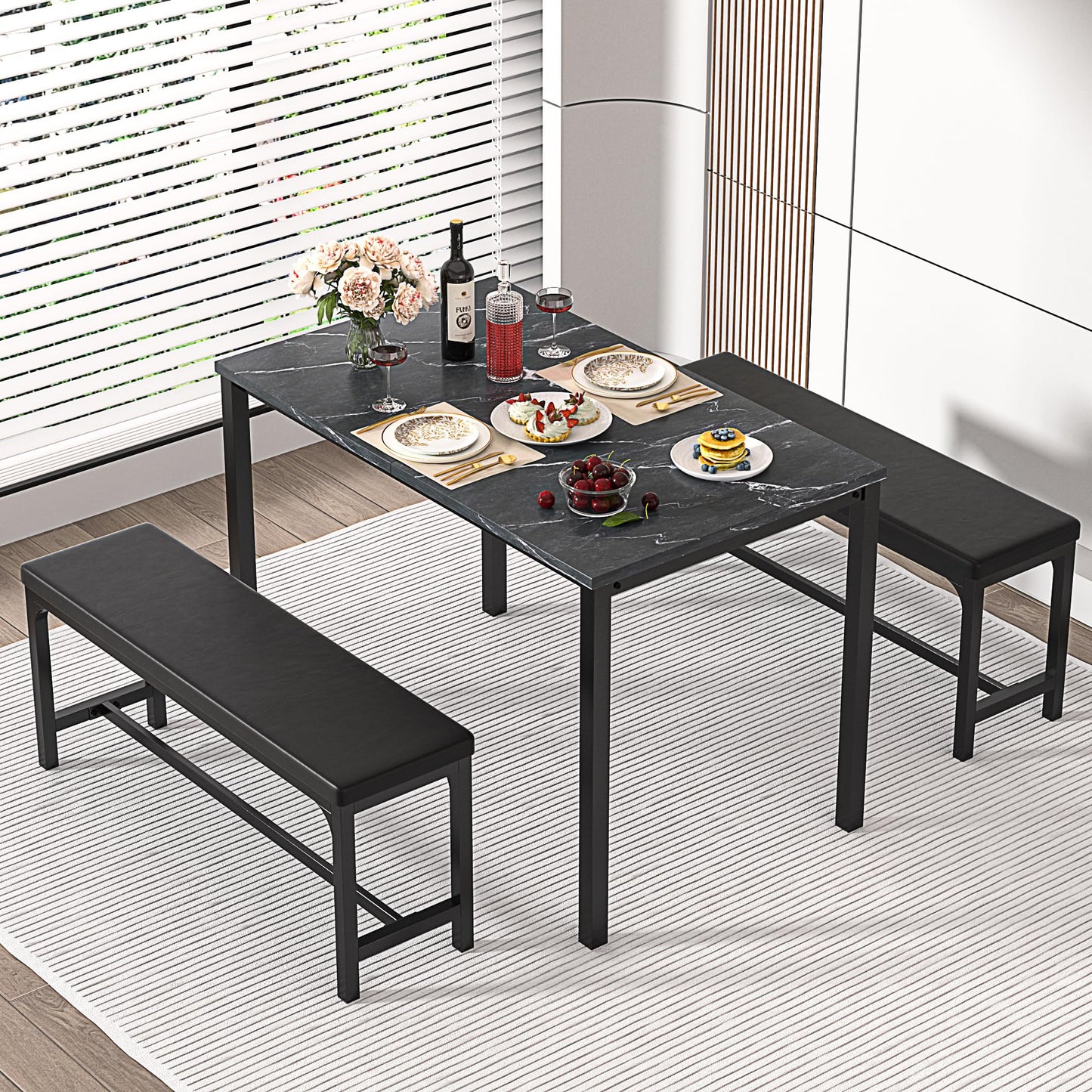 VECELO 3-Piece 63" Extendable Kitchen Table with Benches/Chairs, Modern Breakfast Dinette/Dining Room Set for 4/6/2, Small Space Saving Design, Easy Assembly