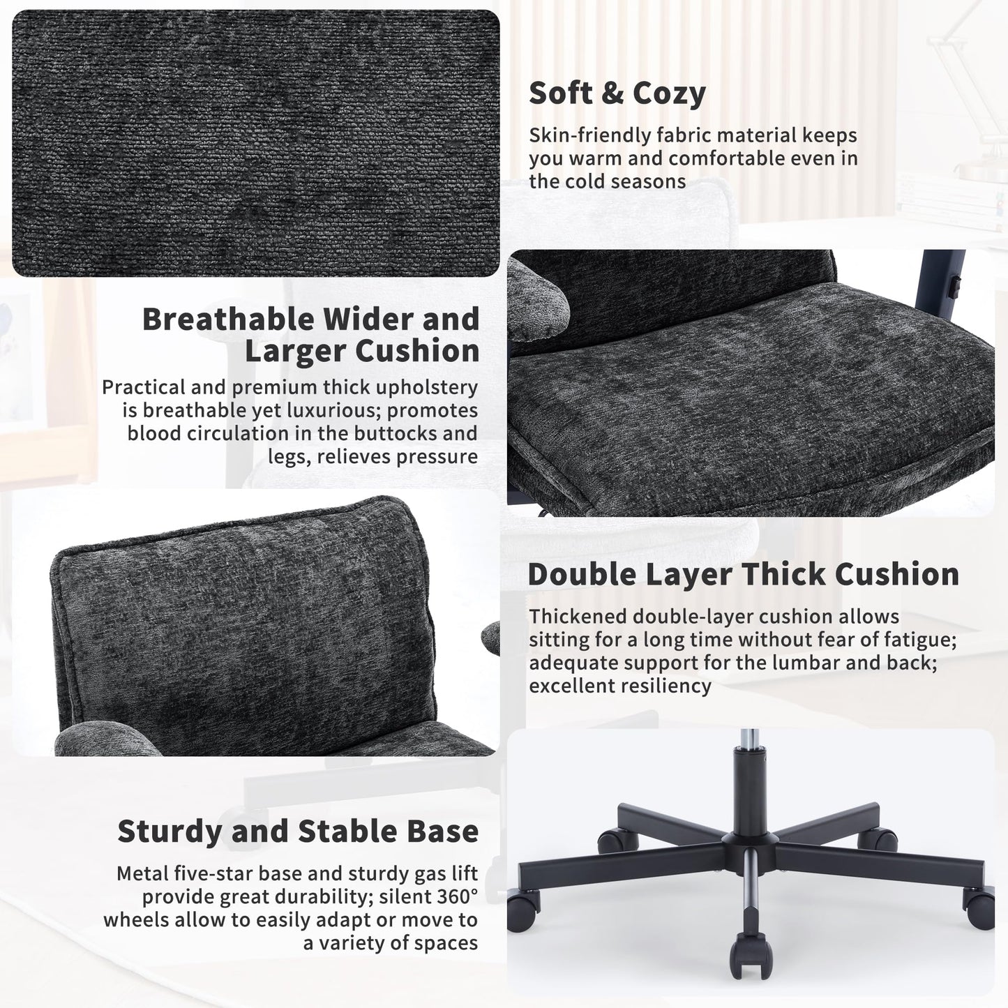 FanciSpot Cross Legged Office Chair with Wheels and Adjustable Flip-Arms, Criss Cross Desk Chair with Thick Cushion, Wide Seat Office Chair for Home Office, Apartment, Bedroom, Black
