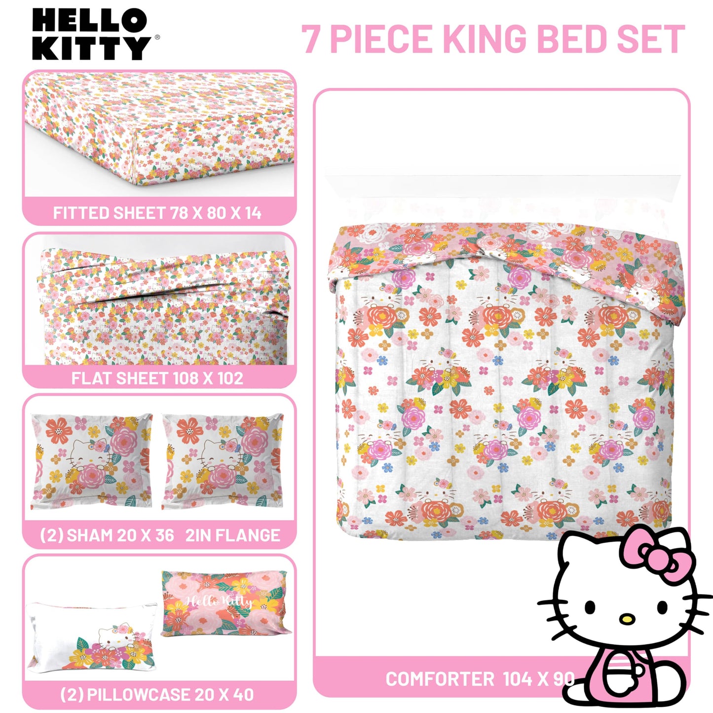 Jay Franco Hello Kitty King Size Comforter Set - 7 Piece Bedding Includes Sheet Set & Pillow Covers - Super Soft Floral Bedding