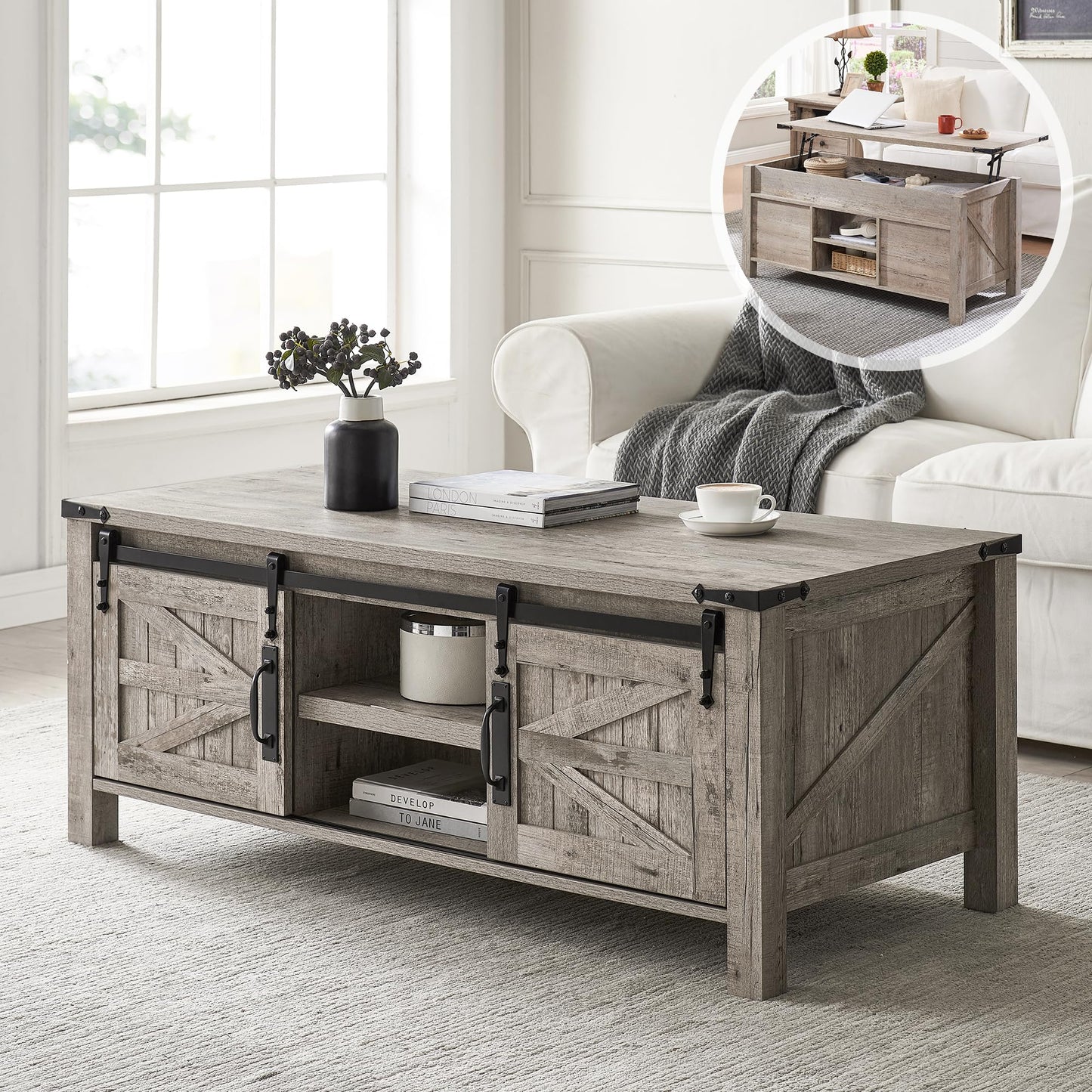 OKD 48" Farmhouse Lift Top Coffee Table with Sliding Barn Door, Rustic Center Table w/Hidden Storage Compartment, Lift Tabletop Dining Table w/Adjustable Shelf for Living Room,Light Rustic Oak