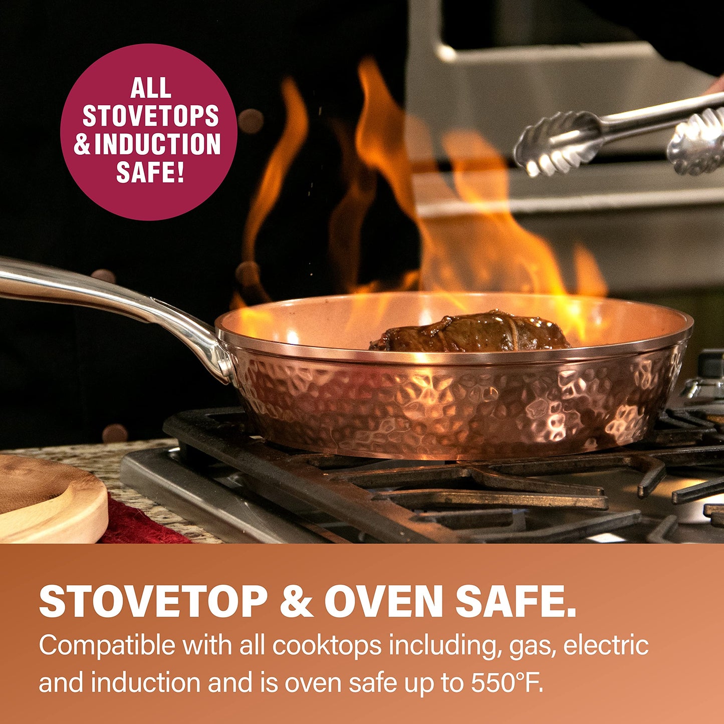 Gotham Steel Hammered Copper 12 Inch Nonstick Skillet, Aluminum, Induction Compatible, Easy Release, Even Heat Distribution