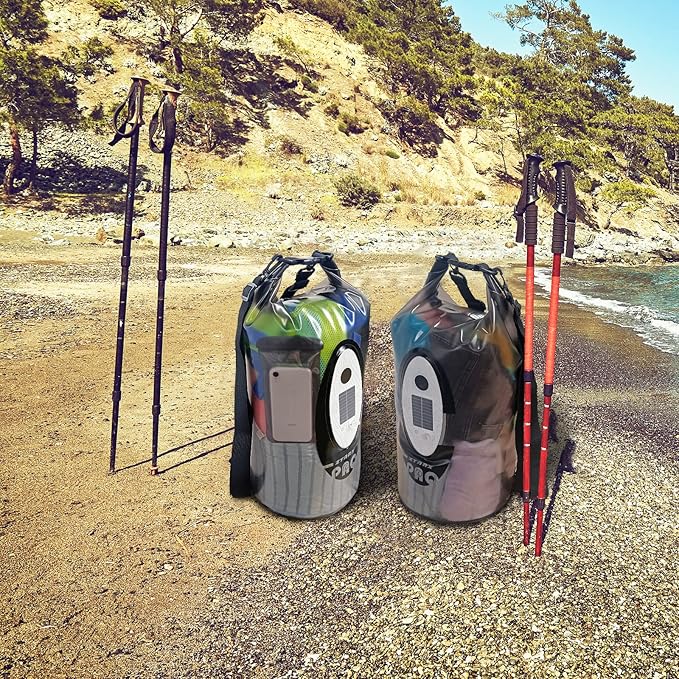 Dry Bag Waterproof with Solar Bluetooth Speaker & Light - 10L/20L Roll Top Dry Sack Keeps Gear Dry for Men Women Kayaking, Beach, Rafting, Boating, Hiking, Camping and Fishing