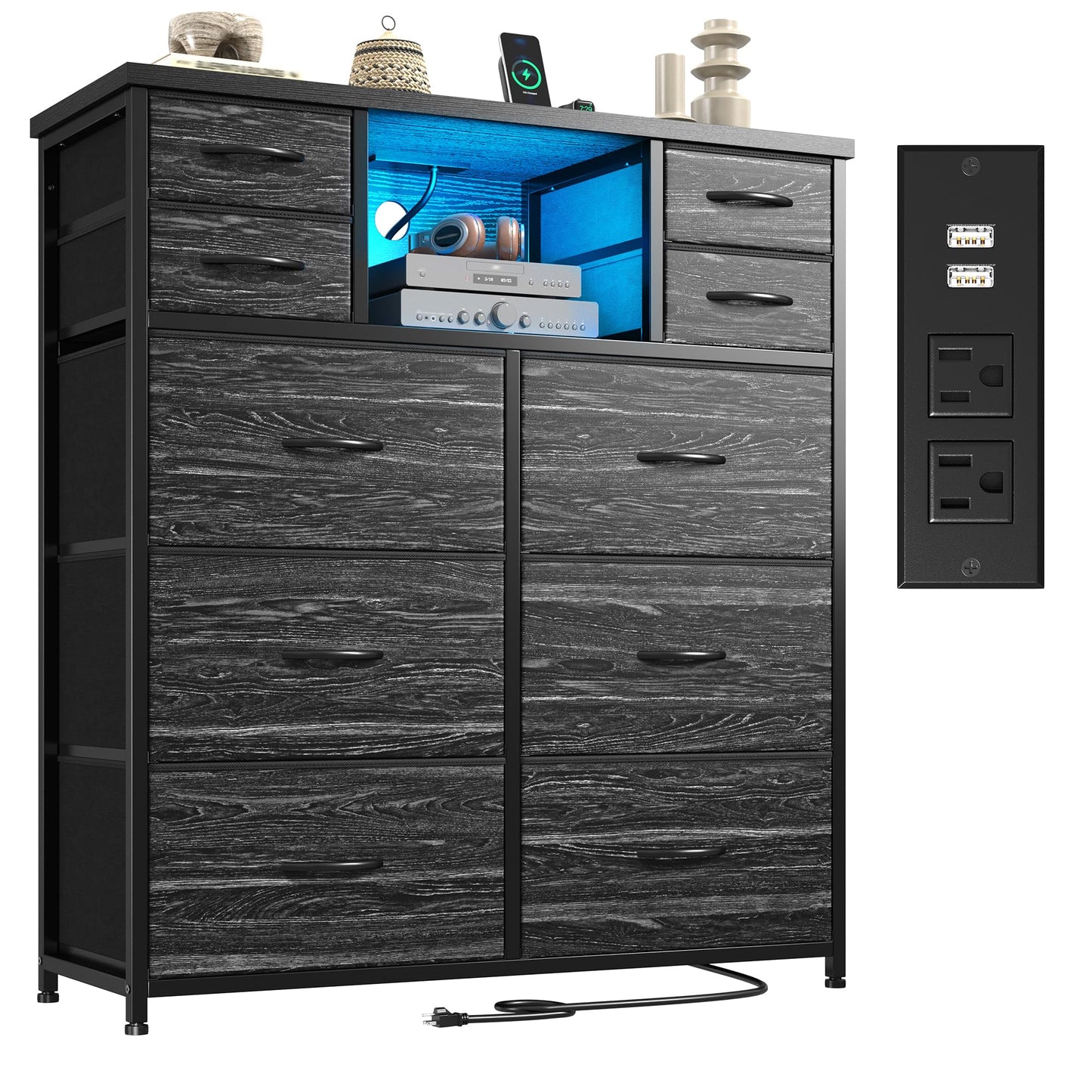 DurayLoly Dresser for Bedroom with Charging Station and LED and 10 Fabric Drawers, Sturdy Bedroom Dresser for Storage, Closet, Hallway (Black)