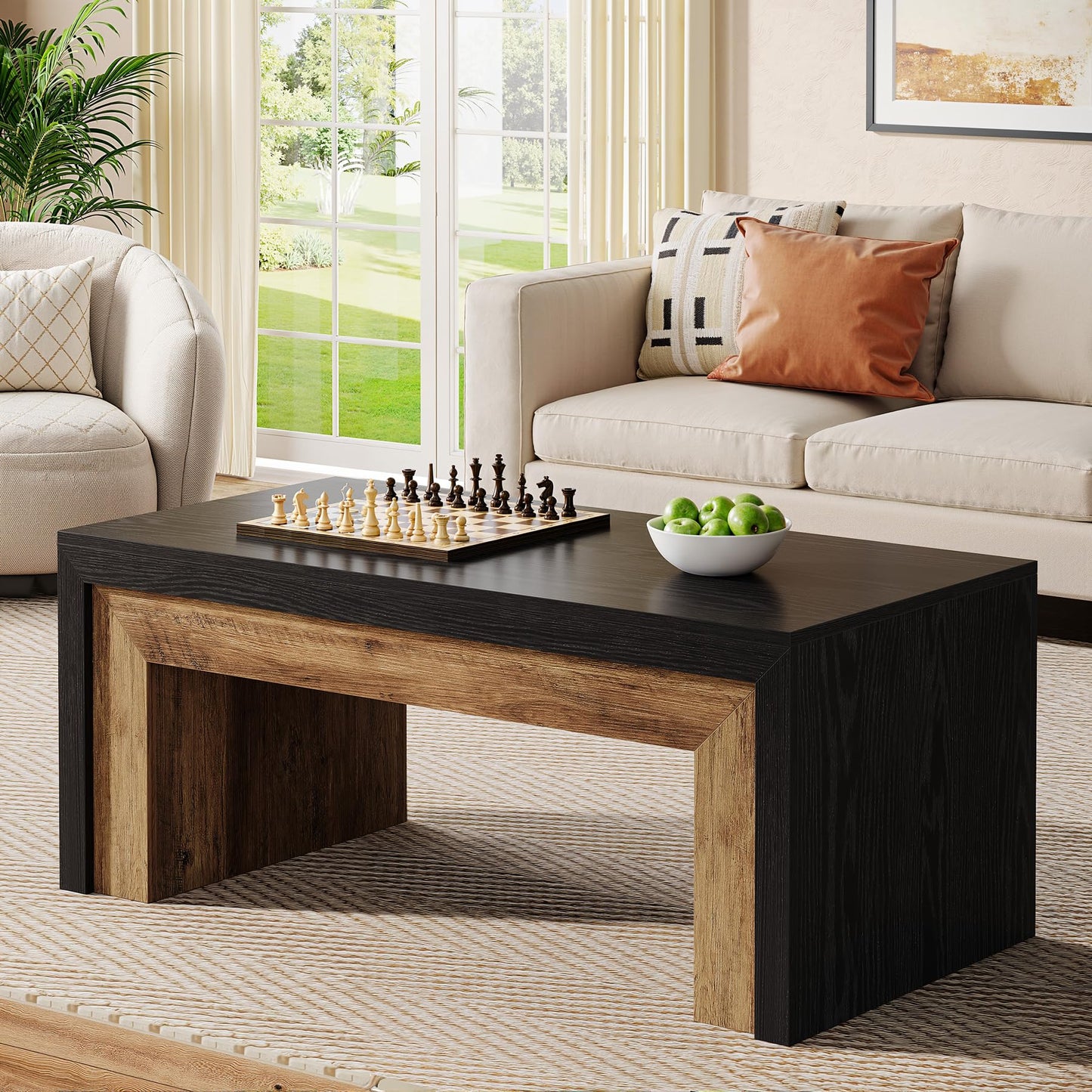Tribesigns Farmhouse Coffee Table for Living Room, Mid-Century Modern Coffee Table with Sturdy Base, Large Rectangle Accent Center for Apartment, Easy Assembly (Black & Walnut)
