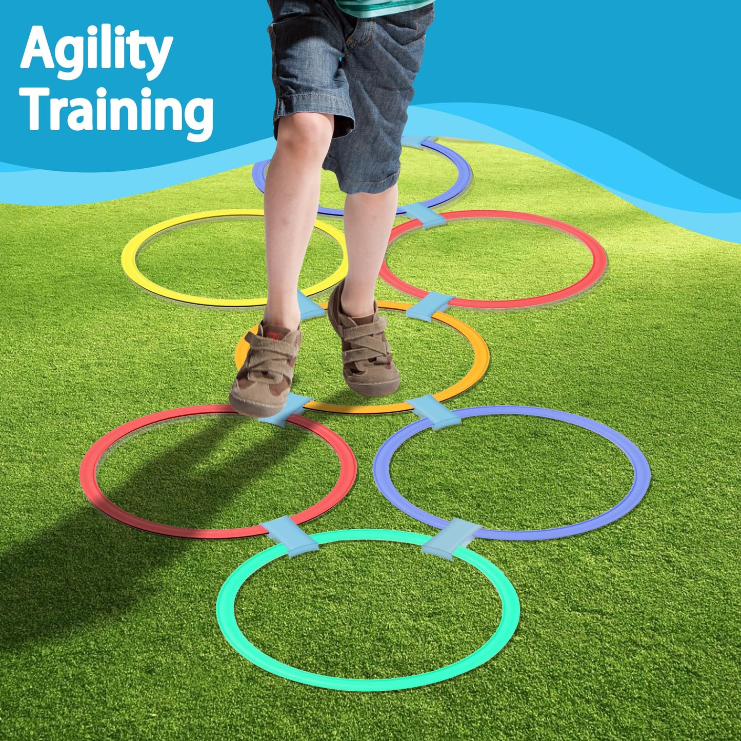 Oranmew 2 Sets Hopscotch Rings, 20 Plastic Round Hoops with 30 Connectors for Toddlers Gross Motor Skills, 11 Inch Indoor/Outdoor Agility Rings for Kids Playground Obstacle Course