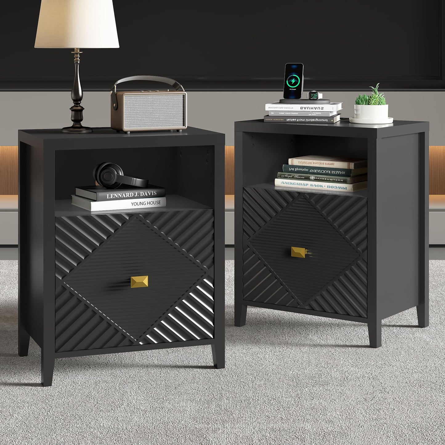 3imothrix End Table Set of 2 with Charging Station, Modern Nightstand with Door and Open Shelf, Fluted Design, Bedside Table for Bedroom, Living Room, Black