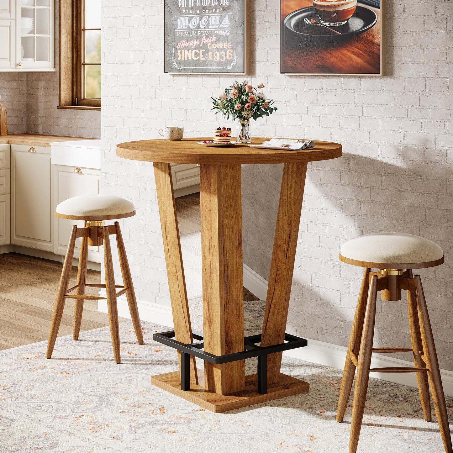 Tribesigns Round Bar Table, 39.4" H High Top Cocktail Bistro Pub Table with Metal Footrest for Living Room, Small Space (Only Table) (Brown)