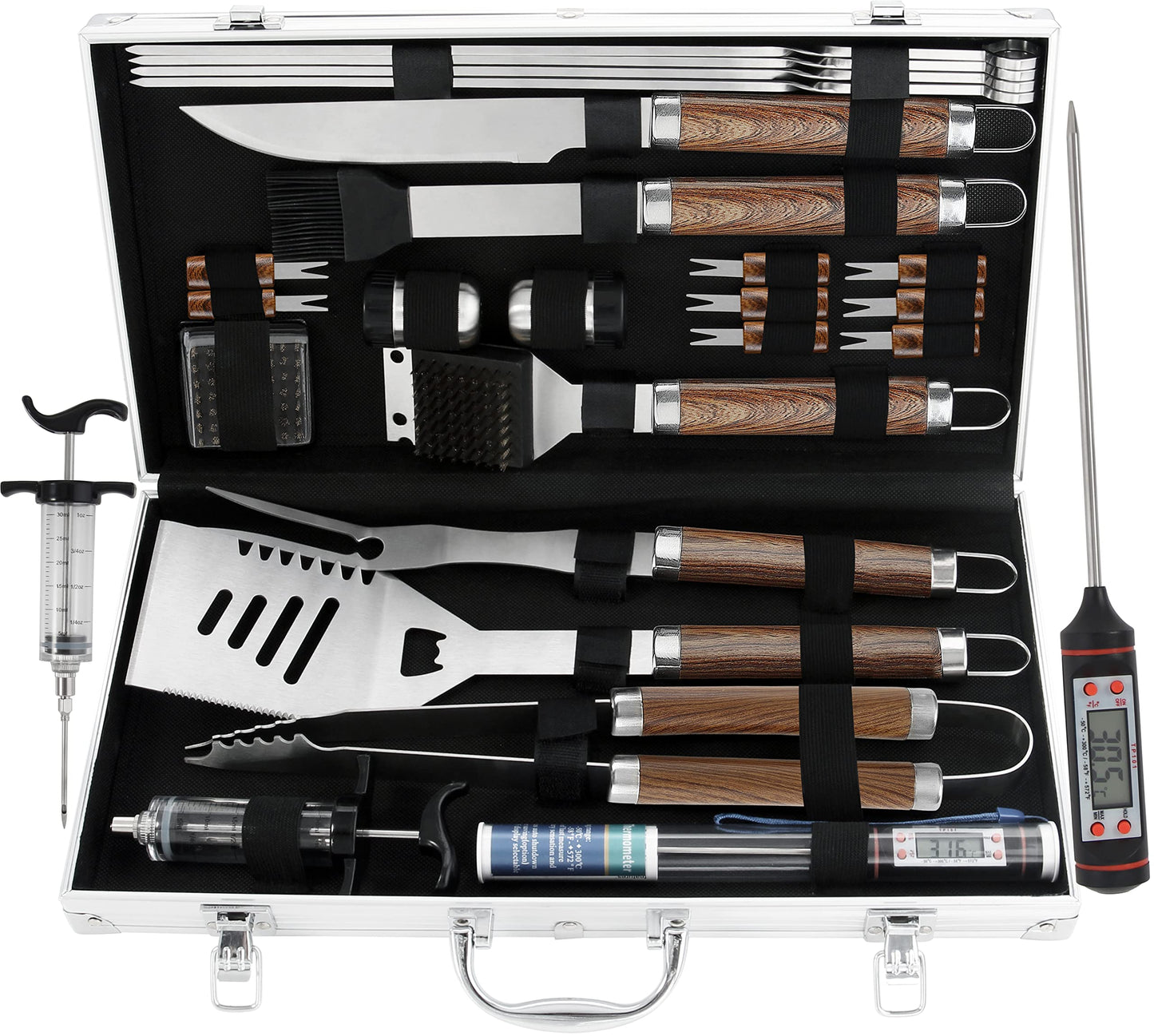 grilljoy 24PCS BBQ Grill Tools Set with Meat Thermometer and Injector - Extra Thick Stainless Steel Fork, Spatula& Tongs - Complete BBQ Accessories in Aluminum Case - Perfect Grill Gifts for Men Grey